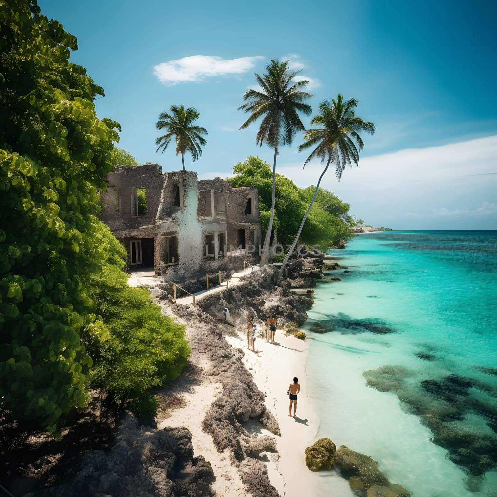 A picturesque tropical paradise with a white sand beach and crystal clear turquoise waters. An abandoned mansion sits perched on the shore, surrounded by lush greenery and swaying palm trees.