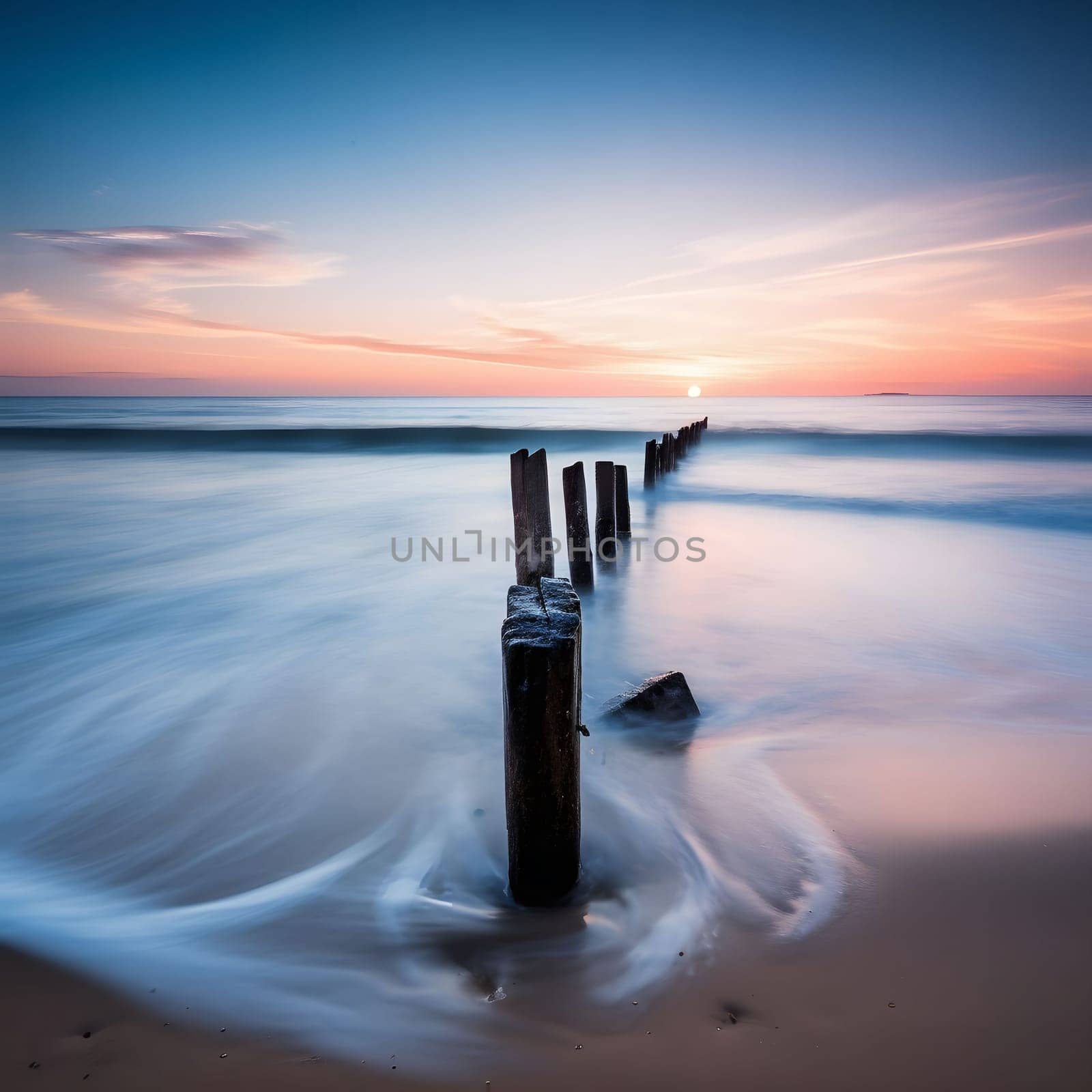 A stunning sunrise over the ocean, captured with long exposure. The soft, blurred water creates a dreamy atmosphere. Wooden posts stand tall, reaching towards the horizon, creating a sense of peace and tranquility.