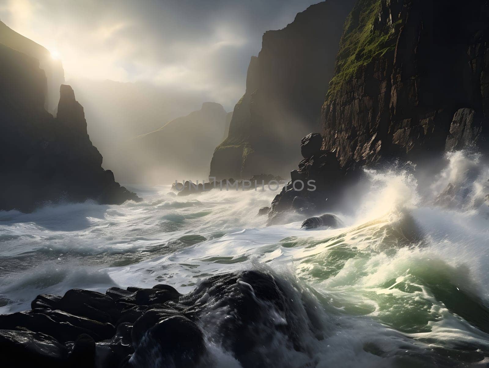 A dramatic seascape with powerful waves crashing against rugged cliffs. The sunlight peeks through the clouds, illuminating the scene with a sense of awe and wonder.