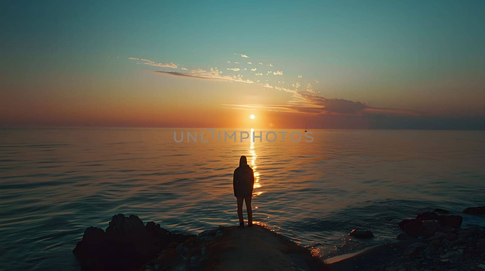 A single figure stands in silhouette against a stunning sunset over the ocean. The sky is ablaze with warm colors as the sun dips below the horizon. The peaceful scene evokes a sense of calm and serenity.