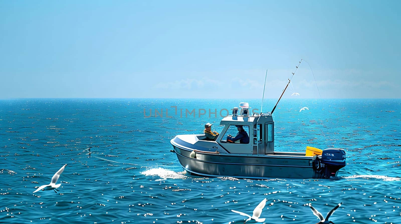 A small fishing boat glides across the ocean on a sunny day, with seagulls flying overhead.