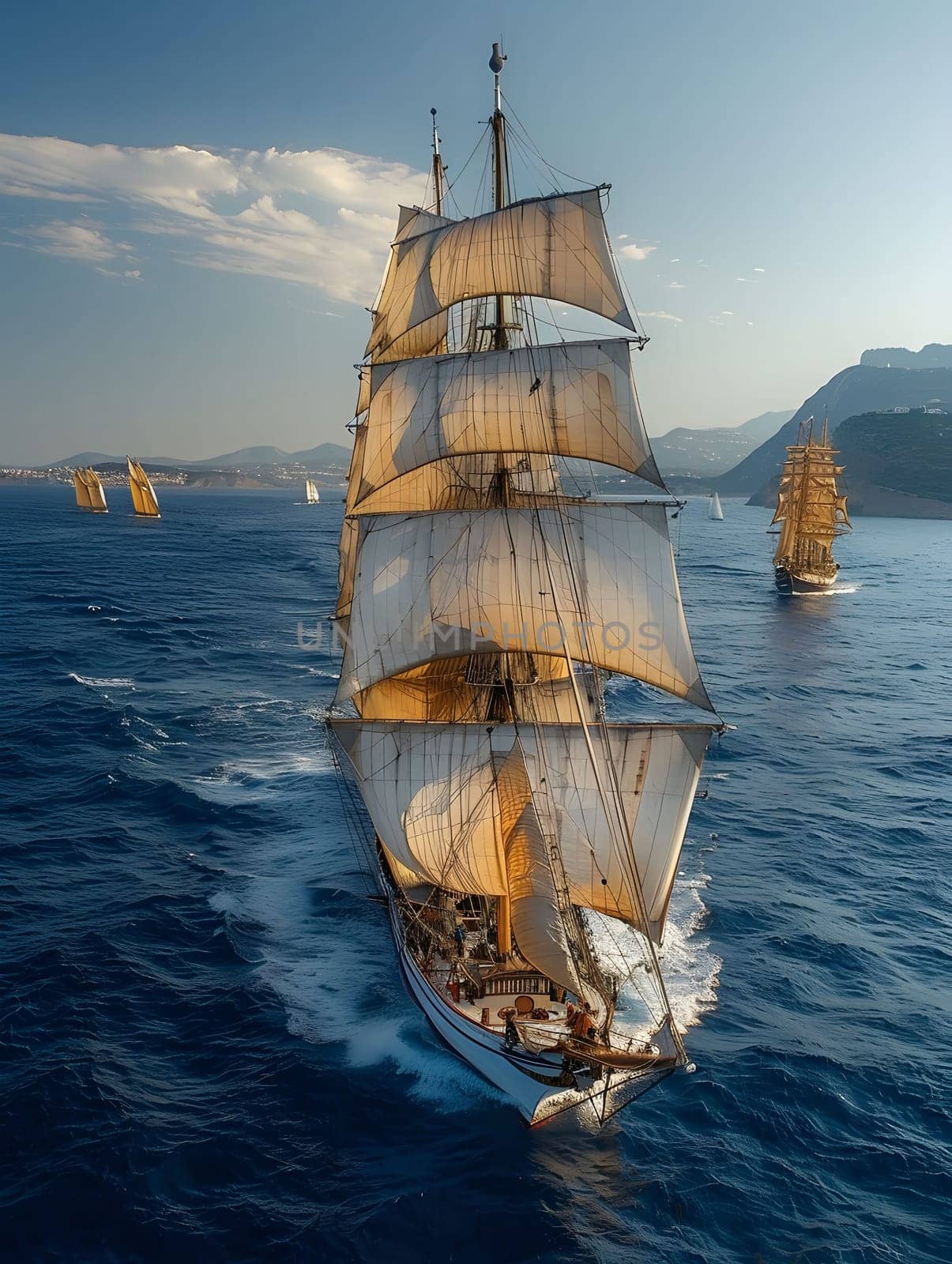 A sailing ship with white sails glides across a vast blue ocean. The ship is the main focus of the image, with the ocean and sky serving as a backdrop. The scene evokes a sense of serenity and adventure, capturing the beauty of nature and the thrill of travel.