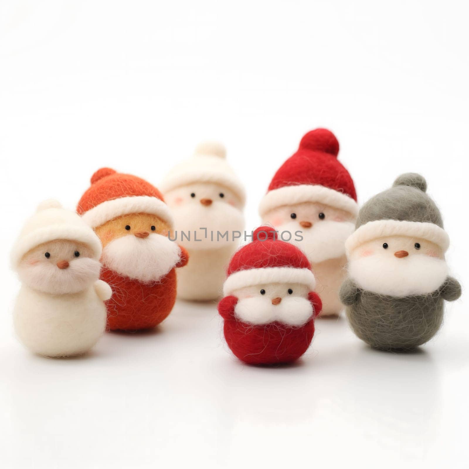 A collection of adorable felted Christmas ornaments, including Santa Claus, snowmen, and other festive figures.