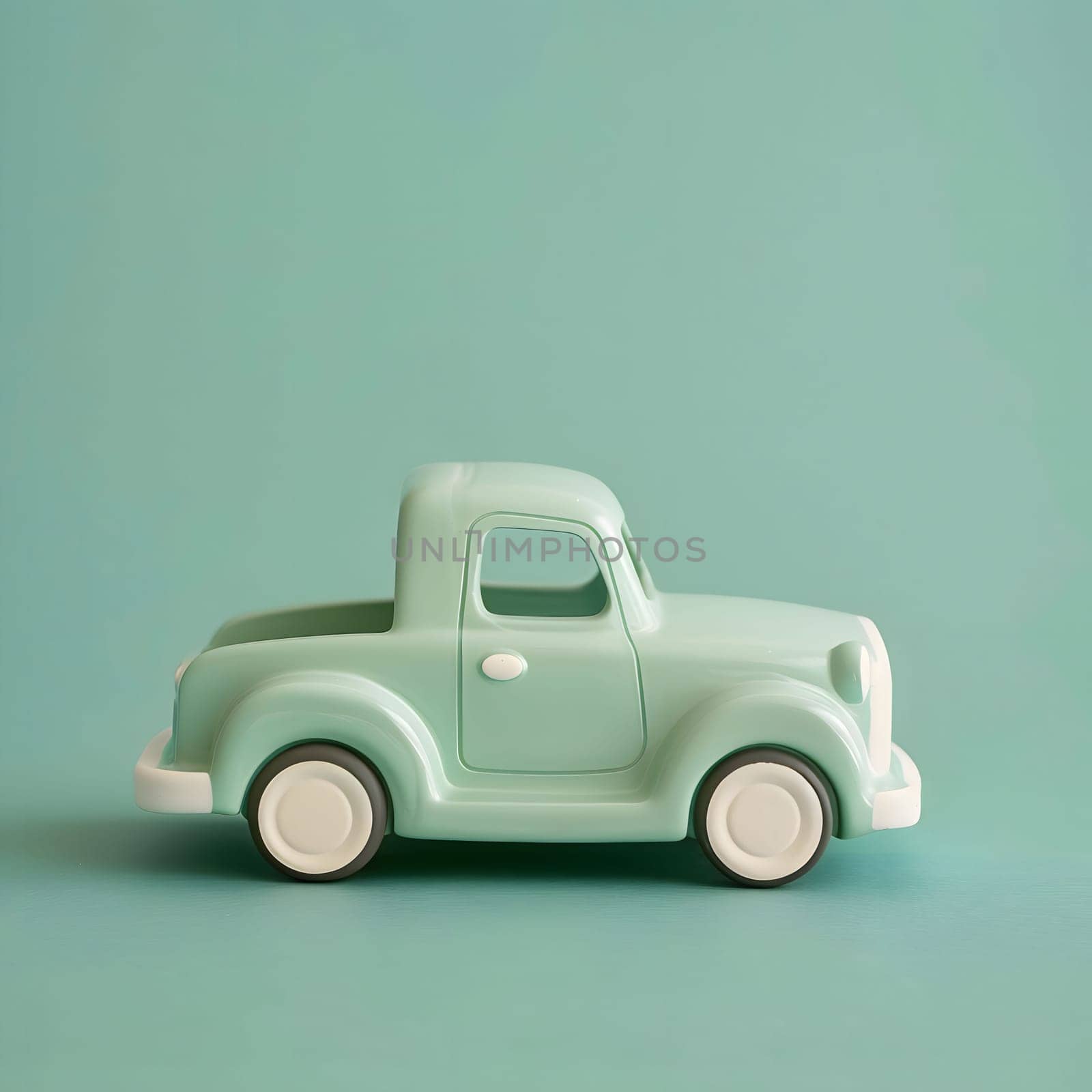 A vintage toy pickup truck in pastel green color against a mint green background, showcasing a minimal and playful aesthetic.