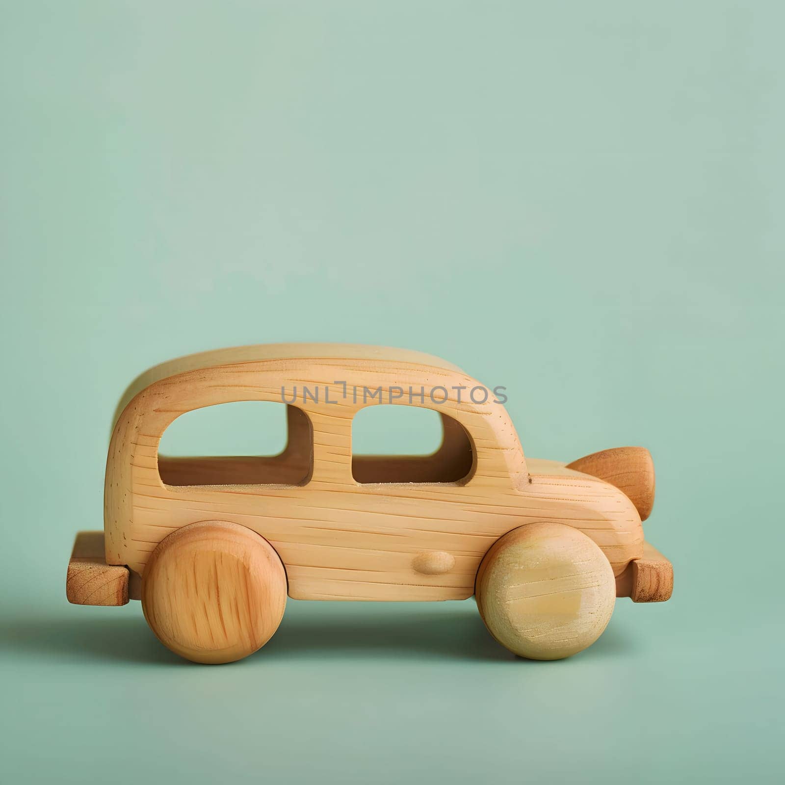 A close-up shot of a wooden toy car on a light green background, perfect for a child's play or a minimalist decor.
