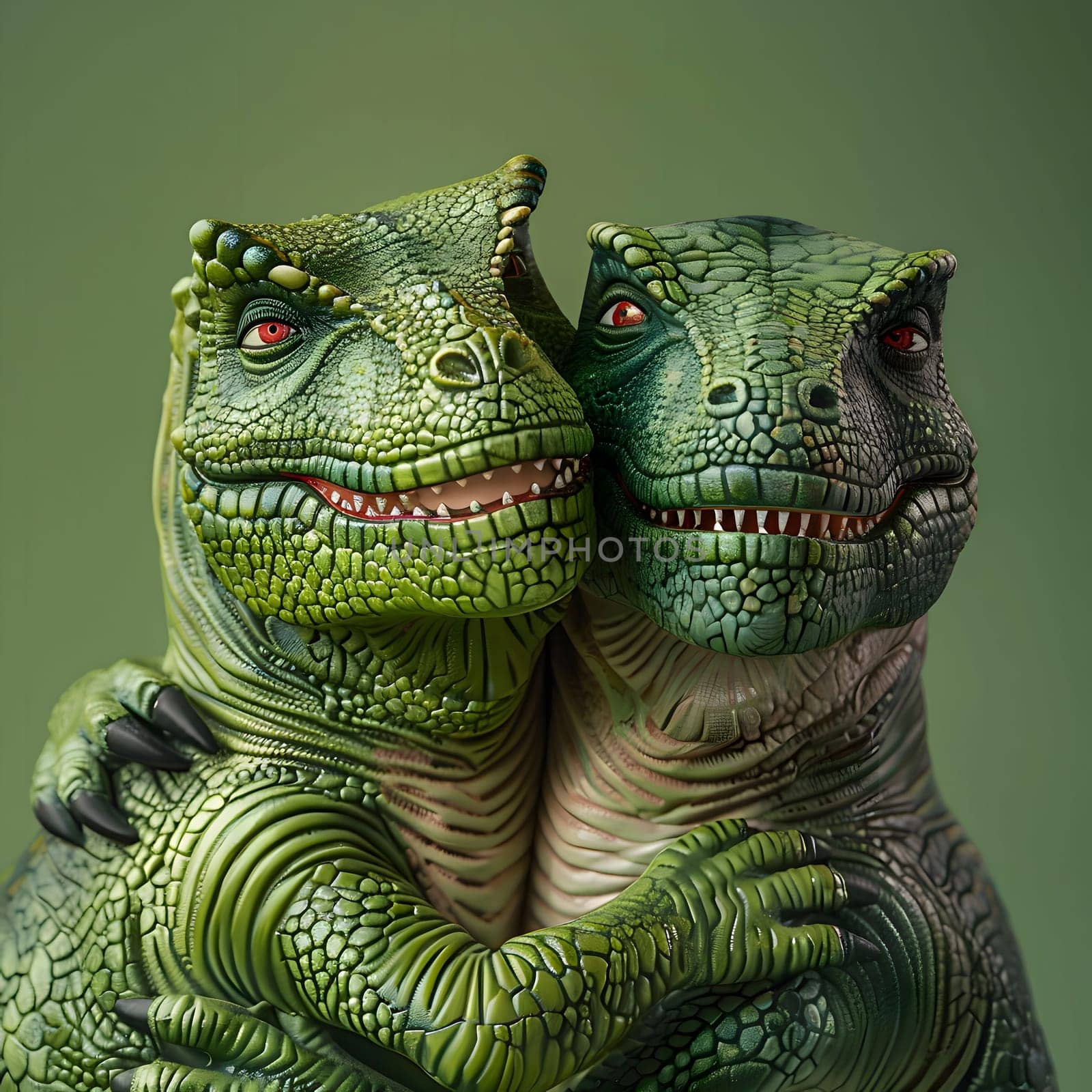 Two green dinosaur figurines hugging each other. The image is a close-up of the dinosaurs' faces and bodies. The background is a solid green color.