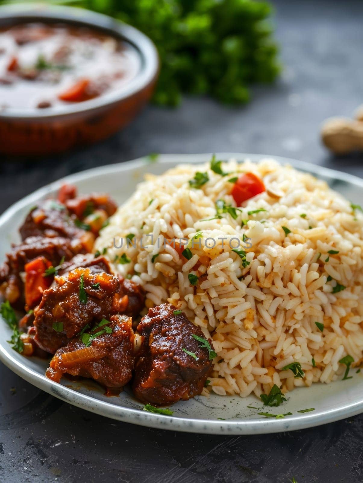 Zimbabwean peanut butter rice, a traditional dish cooked with peanut butter and served with a hearty meat stew, presented on a plate