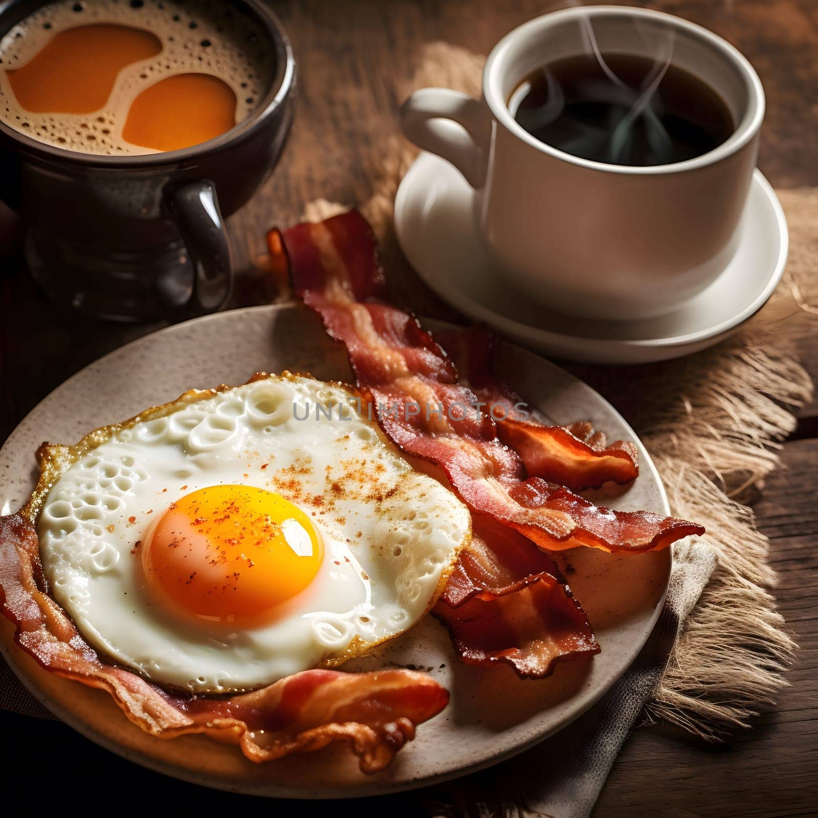 A close-up shot of a plate with a sunny side up fried egg and crispy bacon, with a cup of coffee in the background. It's a simple but delicious breakfast scene.