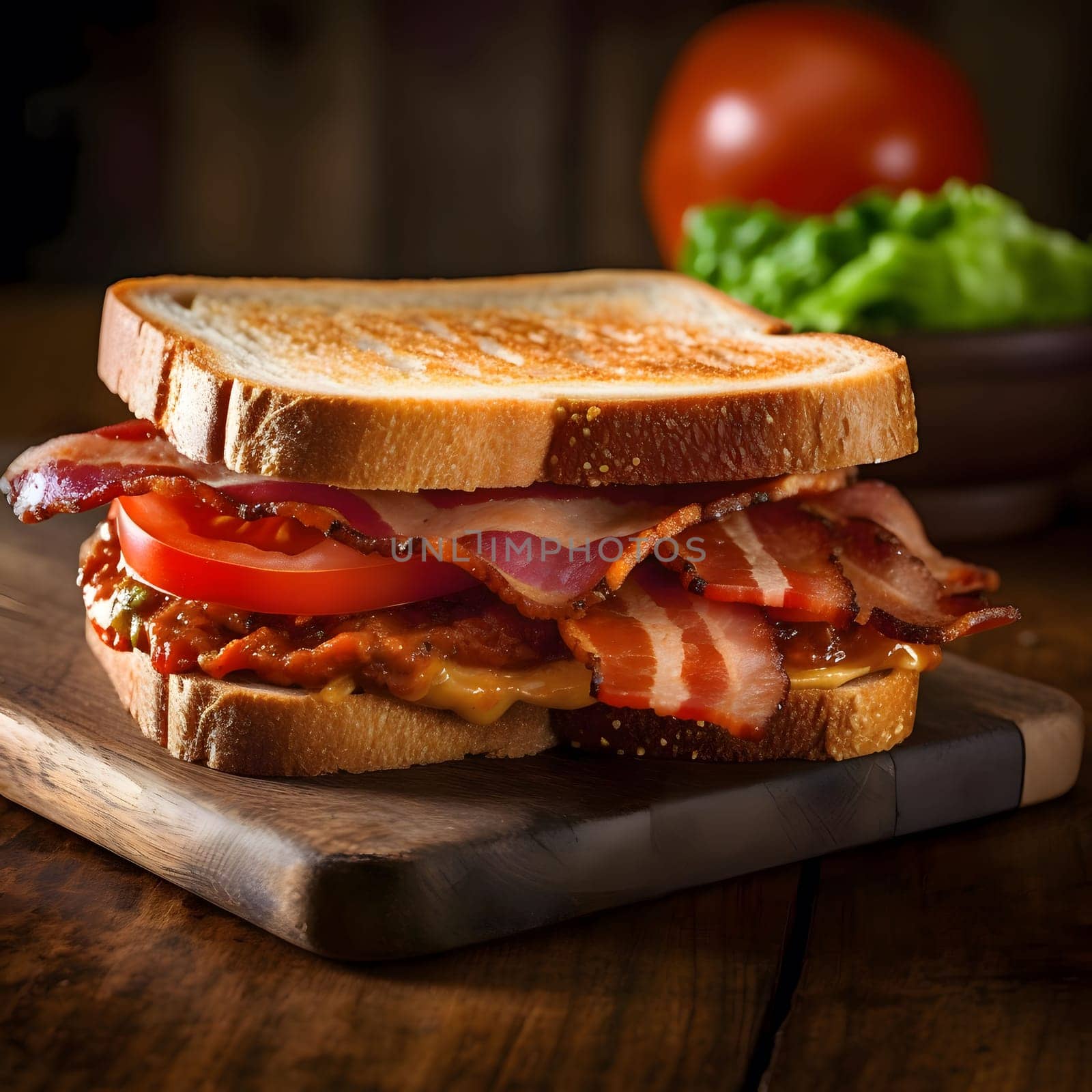 A close-up of a crispy bacon sandwich on a wooden cutting board. The sandwich is made with toasted bread, bacon, tomato, and other ingredients.