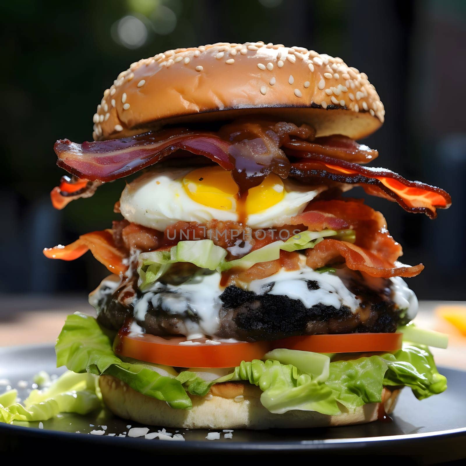 A mouthwatering breakfast burger with bacon, egg, and cheese.