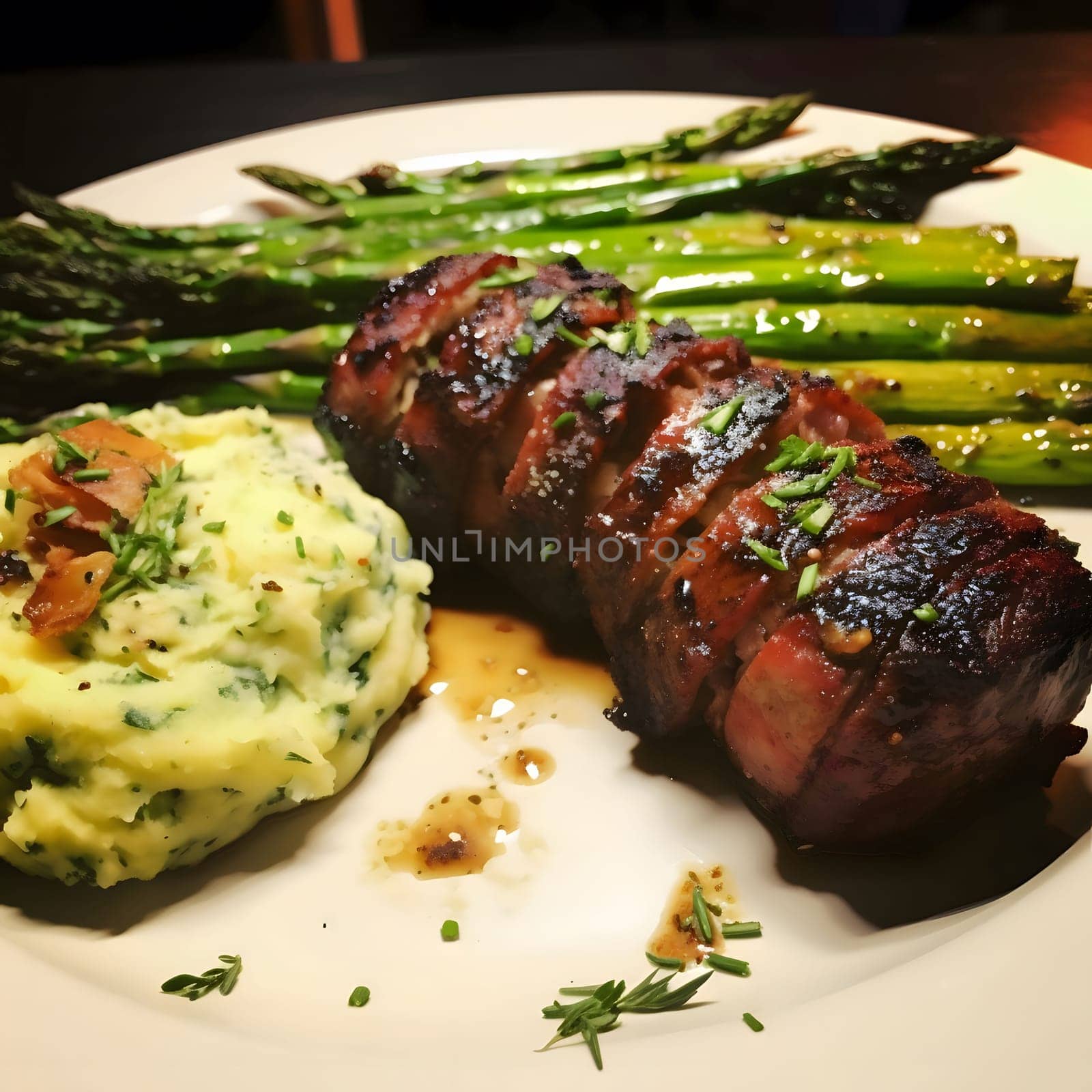 A close-up shot of a grilled pork tenderloin served with asparagus and mashed potatoes.