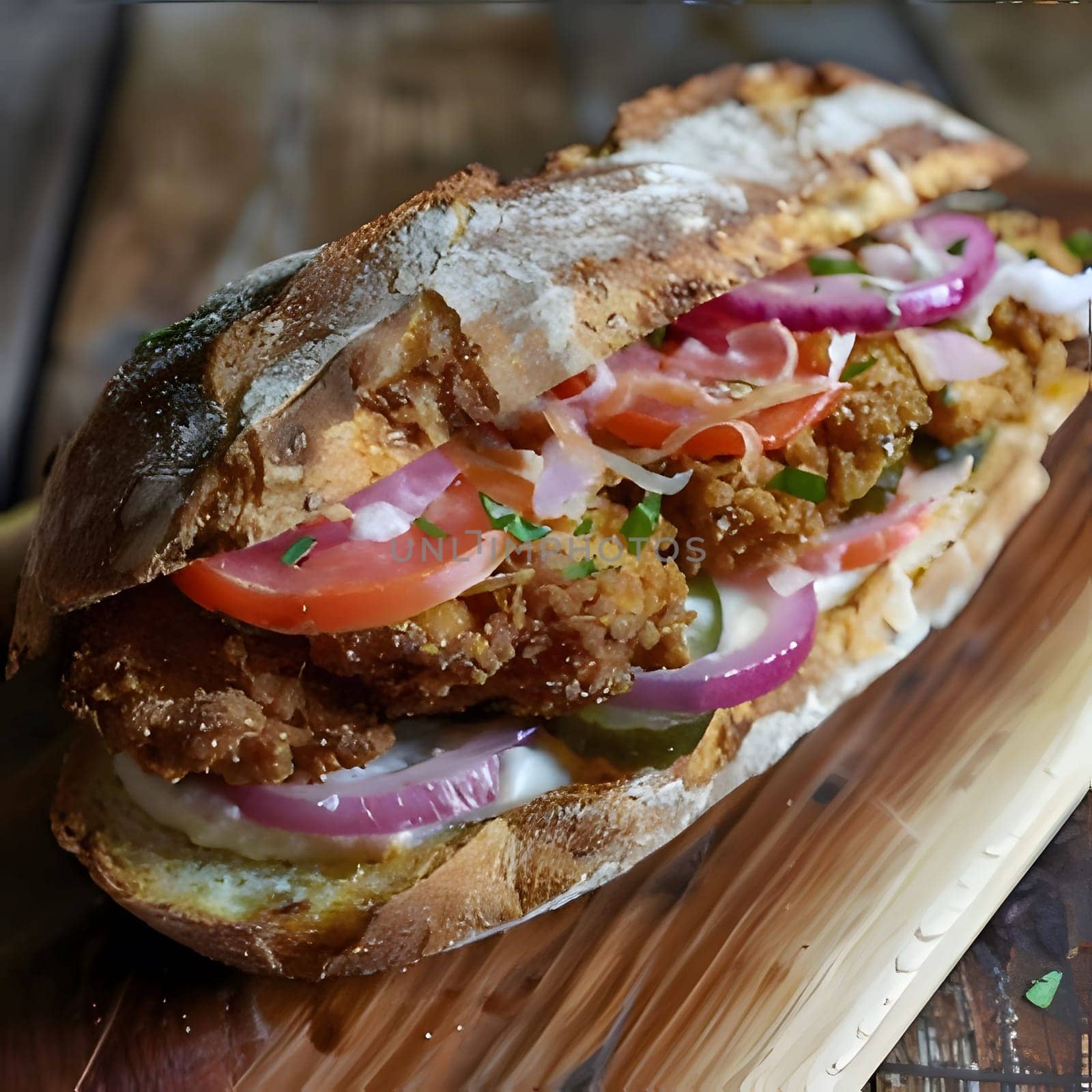 A mouthwatering crispy fried chicken sandwich overflowing with fresh toppings like tomato, red onion, lettuce, mayo, mustard, and sauce. This classic fast food favorite is a delicious lunch or dinner option.