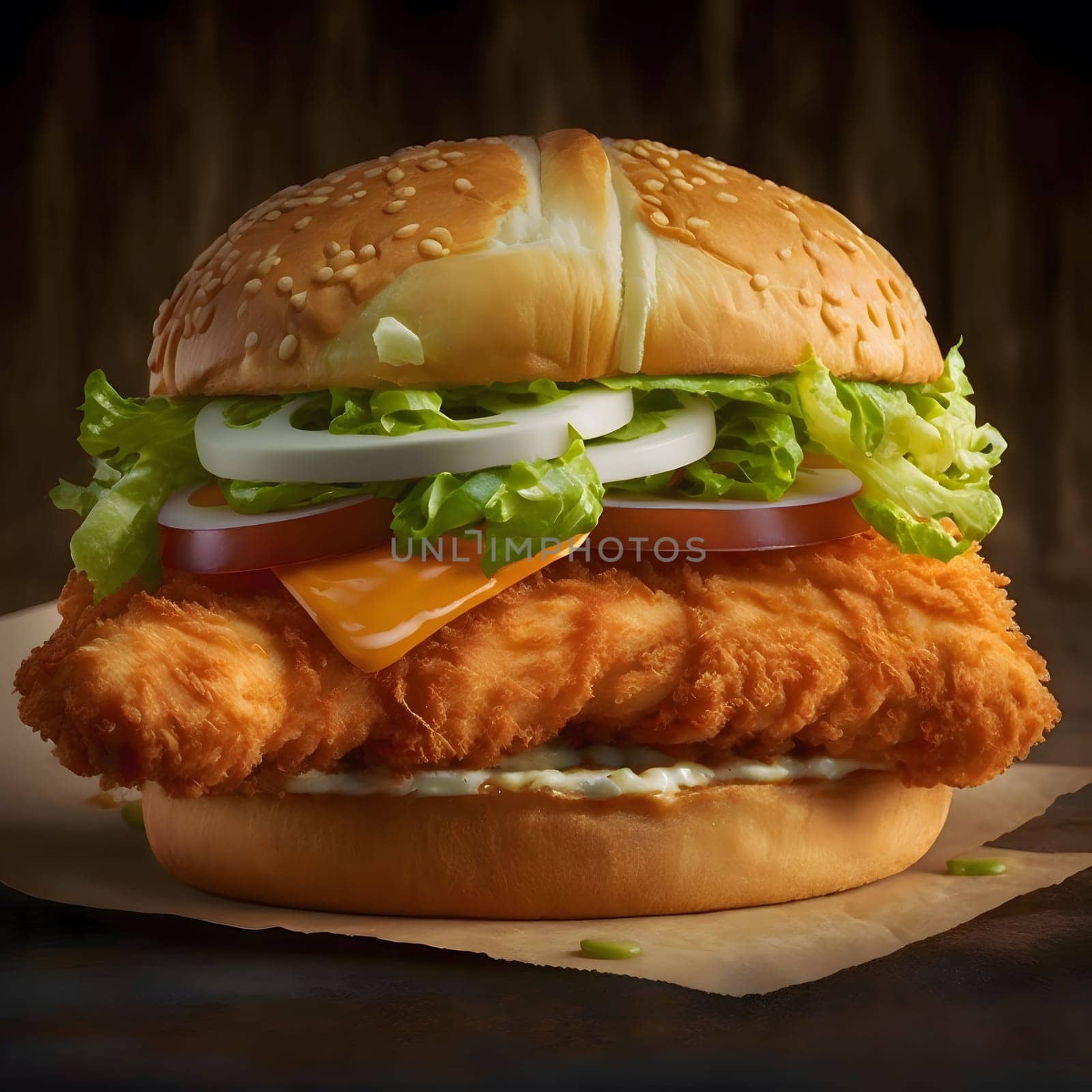 A close-up shot of a delicious fish burger, with crispy breaded fish, fresh lettuce, tomato, onion, and cheese, all piled high on a soft sesame seed bun.