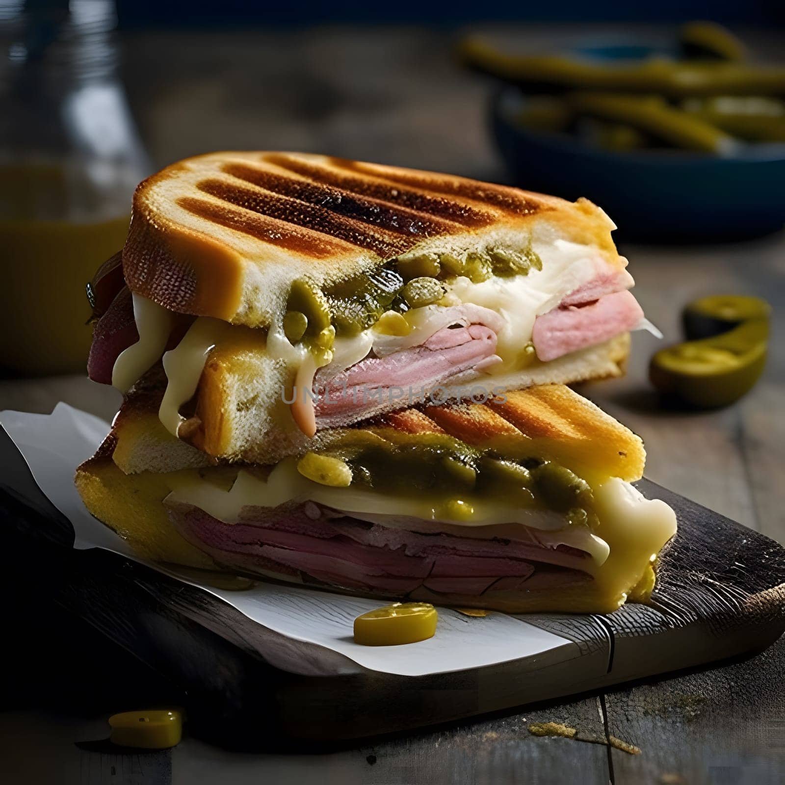 A close up of a grilled Cuban sandwich with ham and pickles on a wooden plate. The sandwich is cut in half and the inside is visible with melted cheese, ham, and pickles.