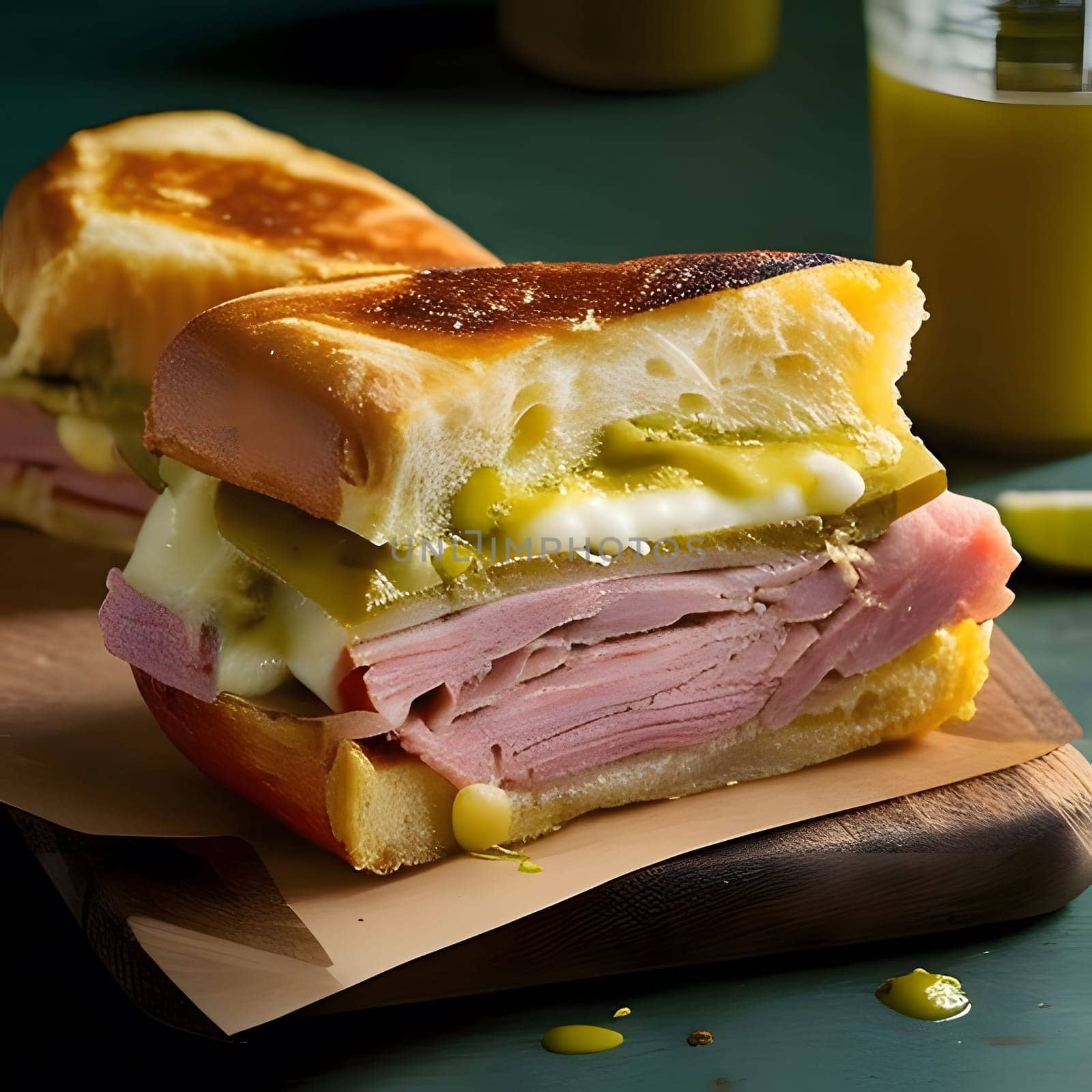 A close-up shot of a Cuban sandwich with mustard, ham, pickles, and bread. The sandwich is perfectly layered and the mustard is visible on the bread.