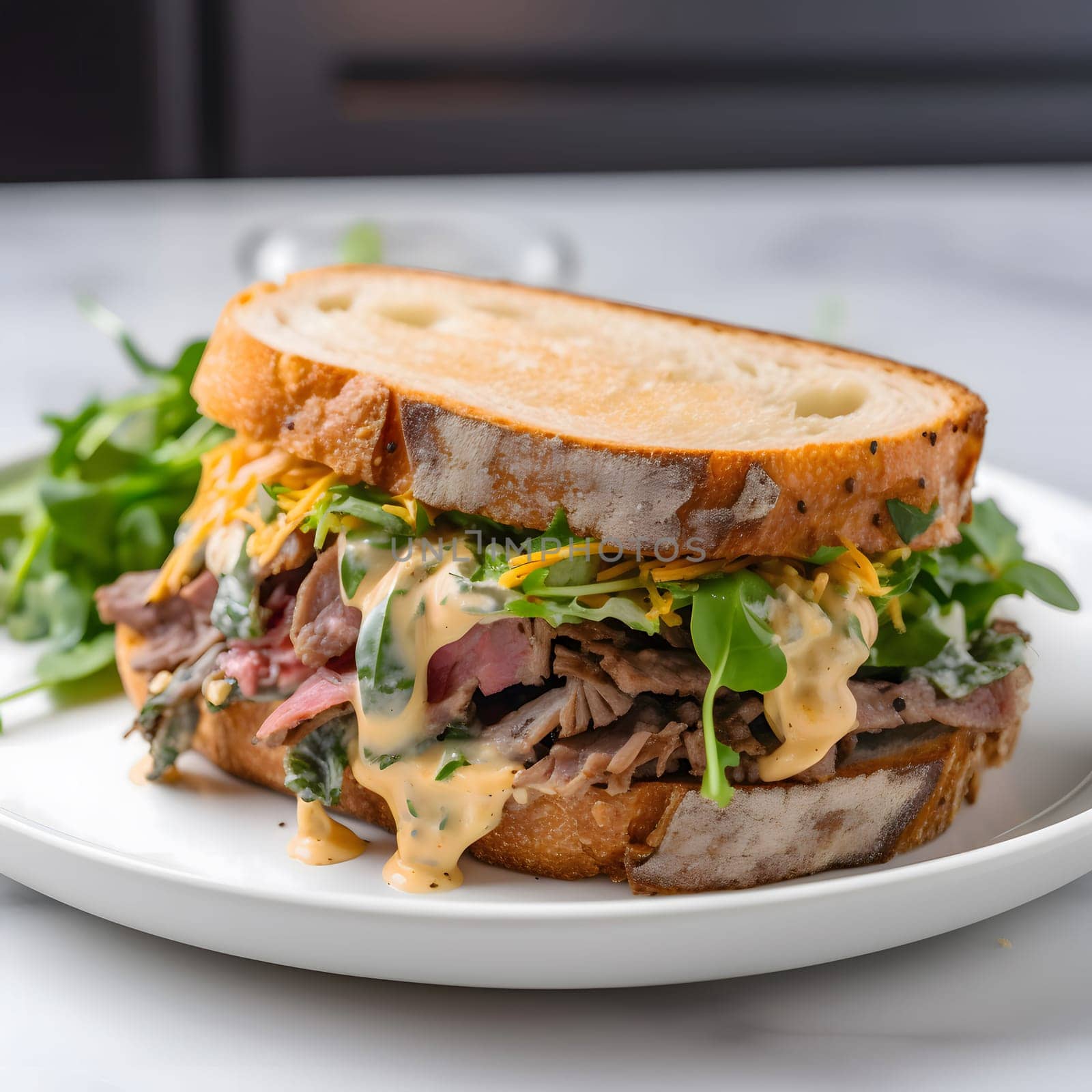 Close up of a roast beef sandwich on white plate. The sandwich has fresh arugula, cheese, and a creamy sauce.