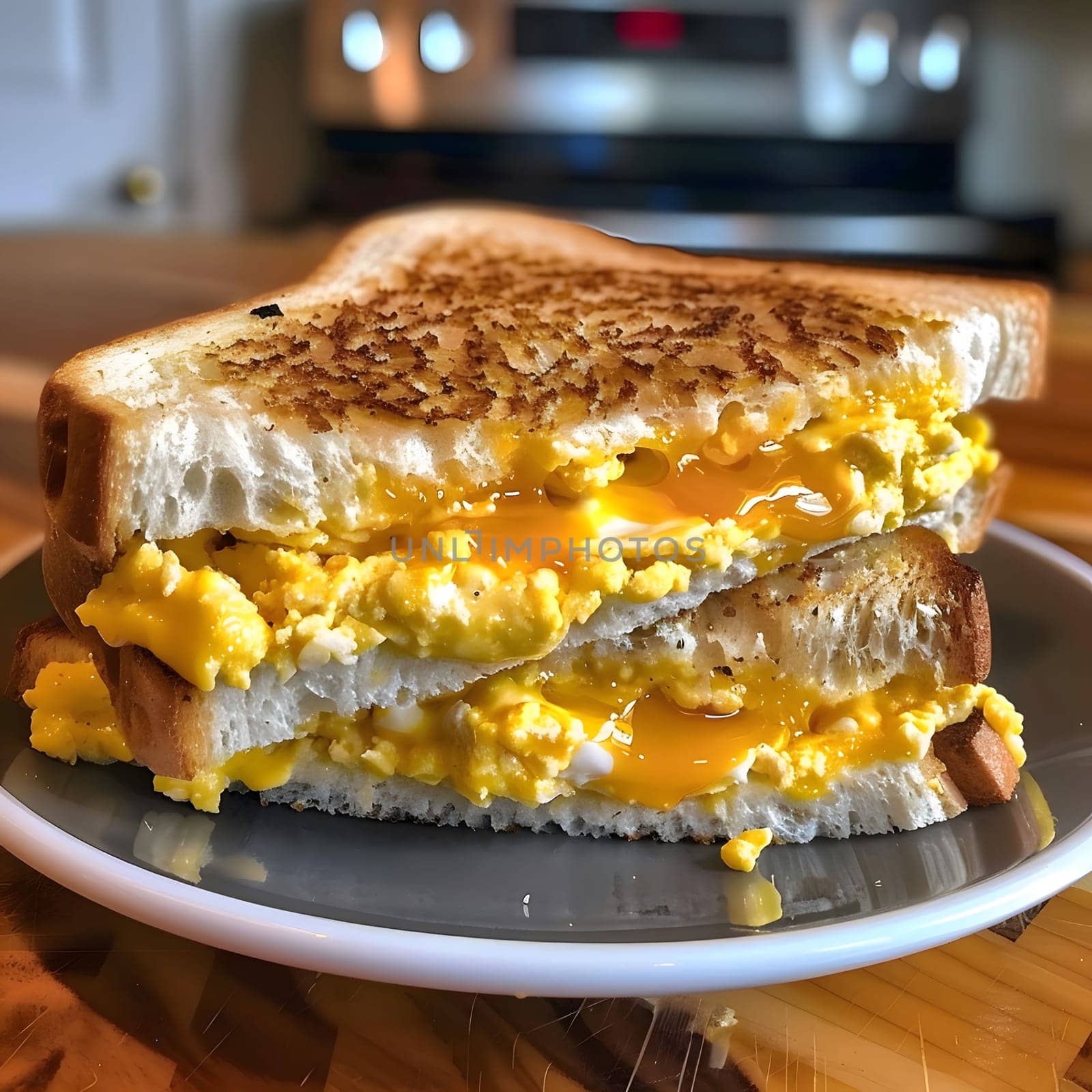 A close-up shot of a grilled cheese sandwich with egg filling. The sandwich is on a plate, with a wooden surface in the background.