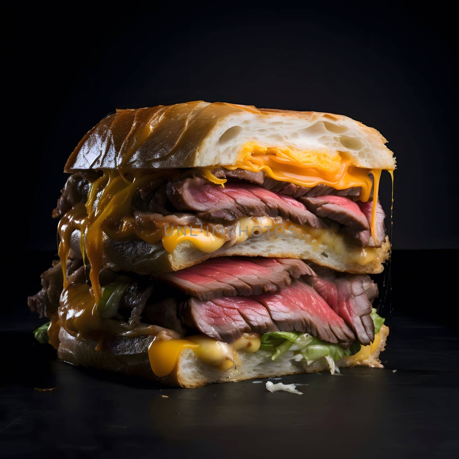 A close-up shot of a Philly cheesesteak sandwich, showcasing its layers of grilled beef, melted cheese, and bread.