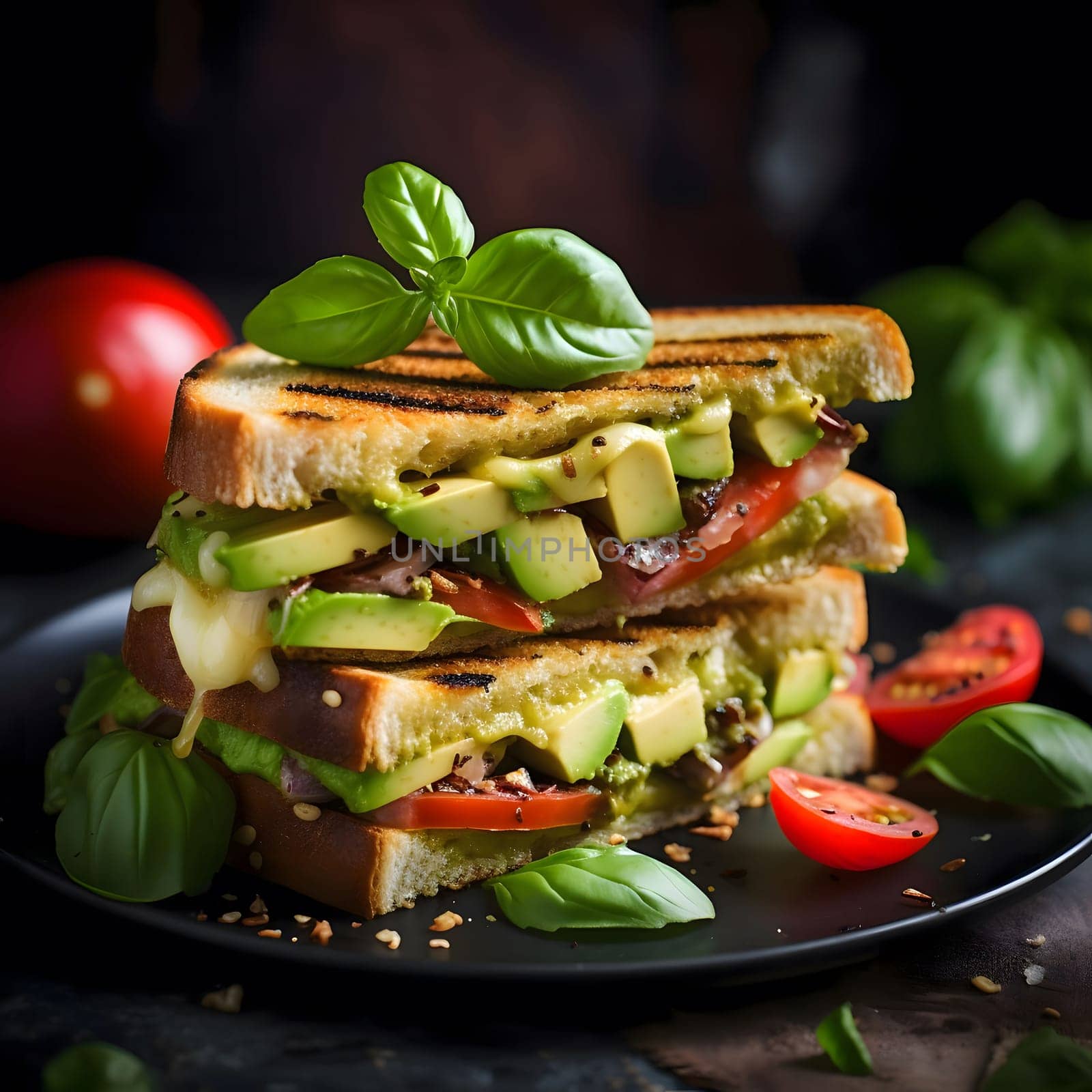 A mouthwatering grilled cheese sandwich overflowing with fresh avocado, tomato, and melted cheese. The sandwich is adorned with fresh basil leaves and served on a plate with additional ingredients.