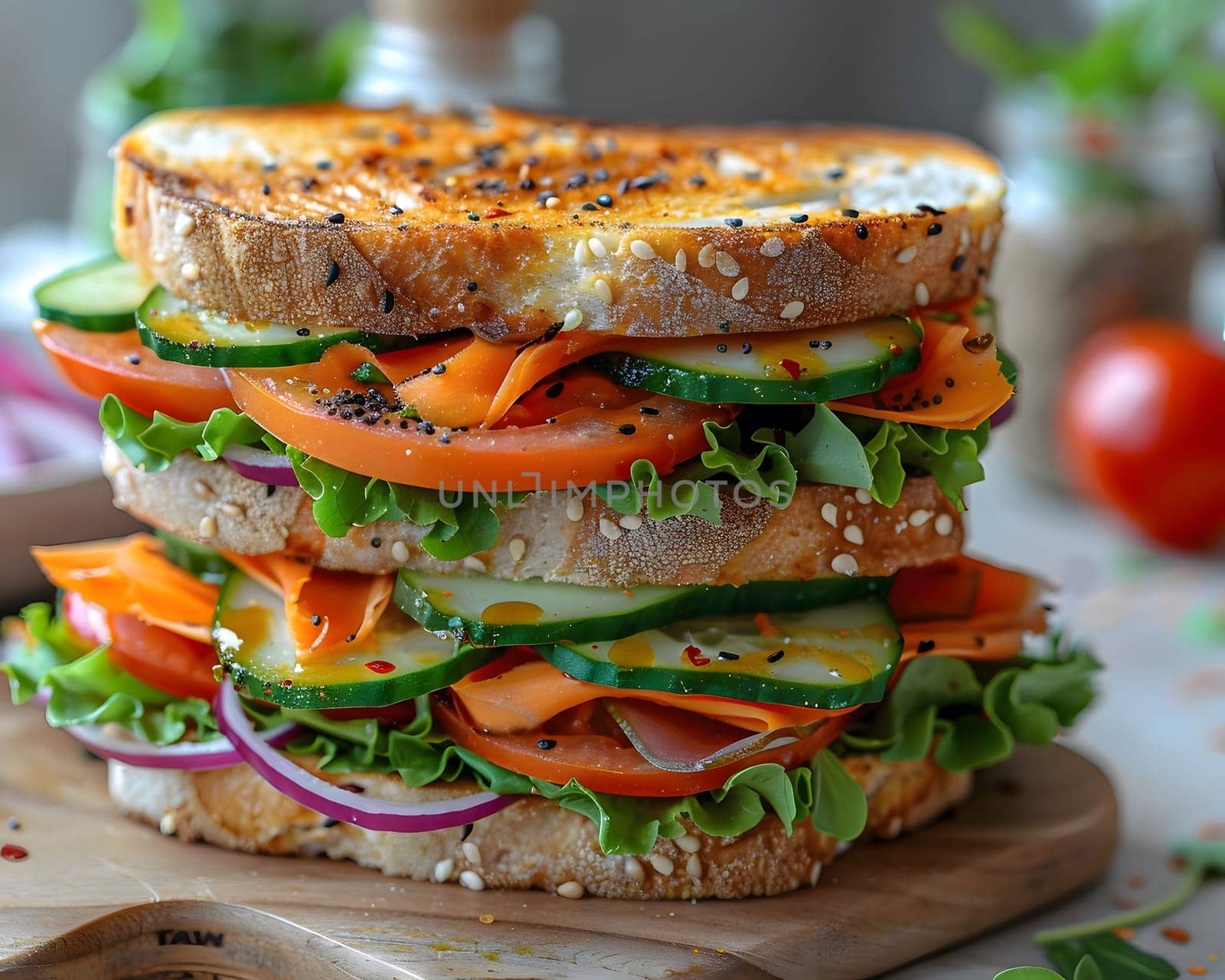 A close-up shot of a multi-layered sandwich with fresh ingredients like cucumbers, tomatoes, lettuce, and onion, all layered on toasted bread with sesame seeds. The sandwich is ready to be devoured, presenting a healthy and delicious meal option.
