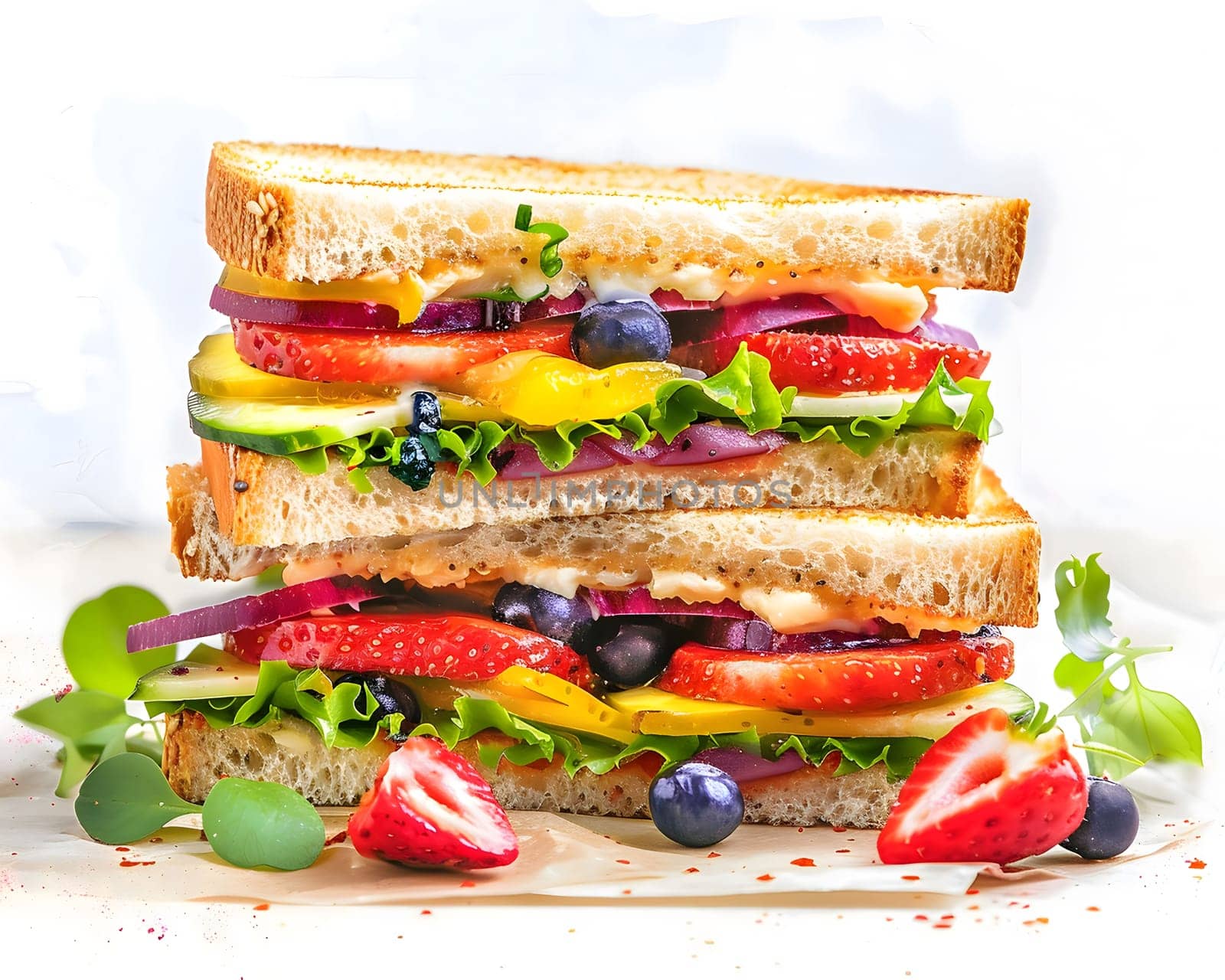 A close-up shot of a multi-layered sandwich filled with fresh vegetables, fruits, and creamy dressing.