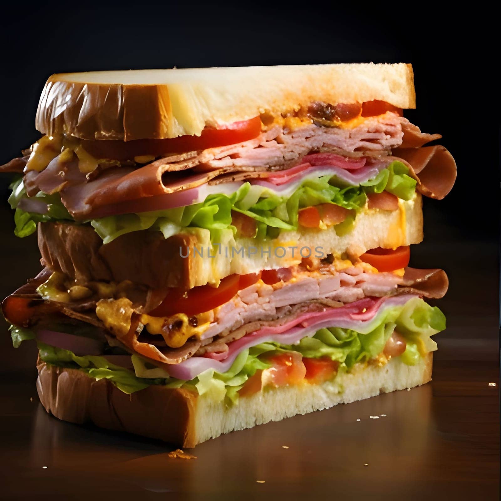 A close-up shot of a multi-layered sandwich, revealing its delicious contents of meat, cheese, and vegetables. The sandwich is arranged on a table, ready to be enjoyed.