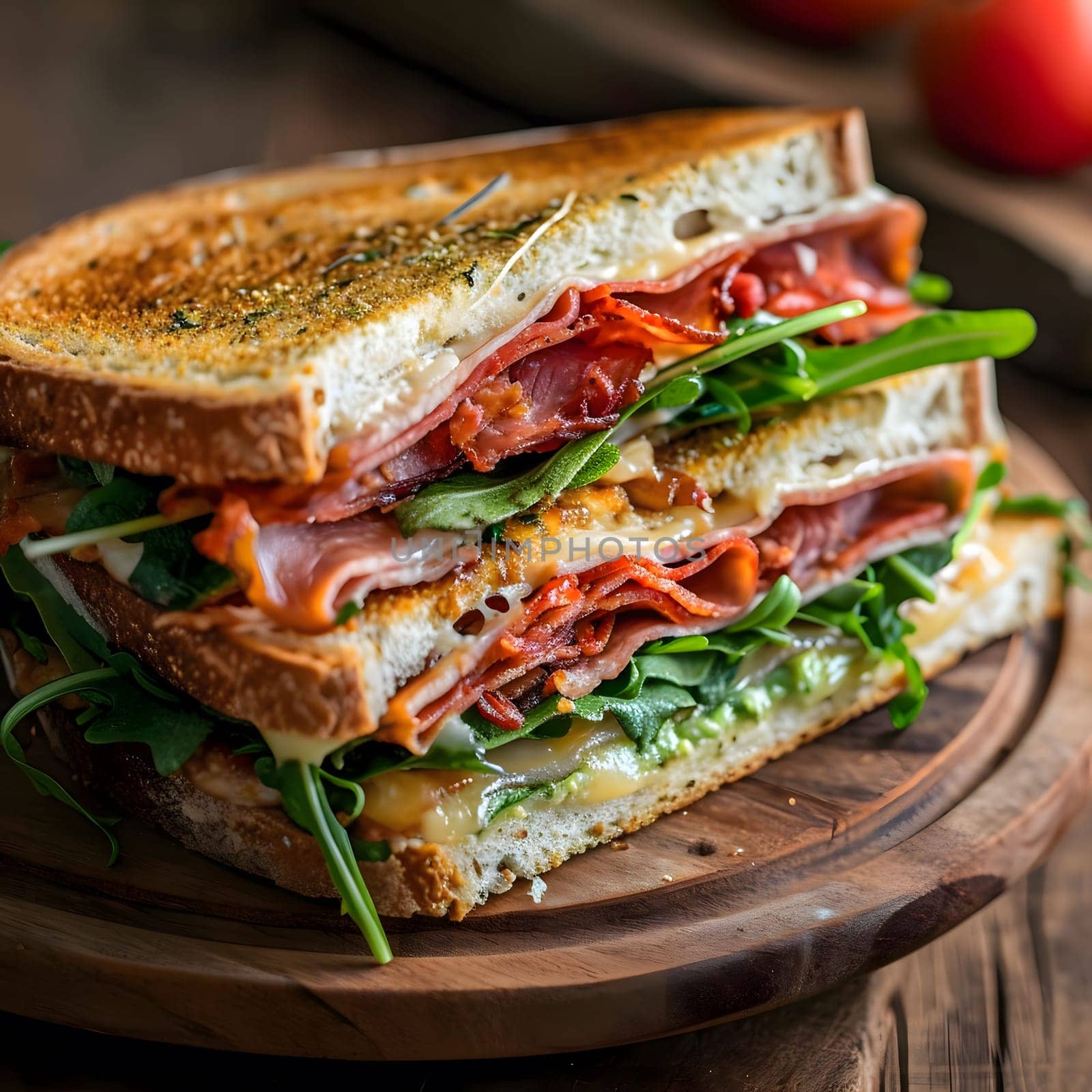 A delicious grilled ham and cheese sandwich with arugula, on a wooden plate.