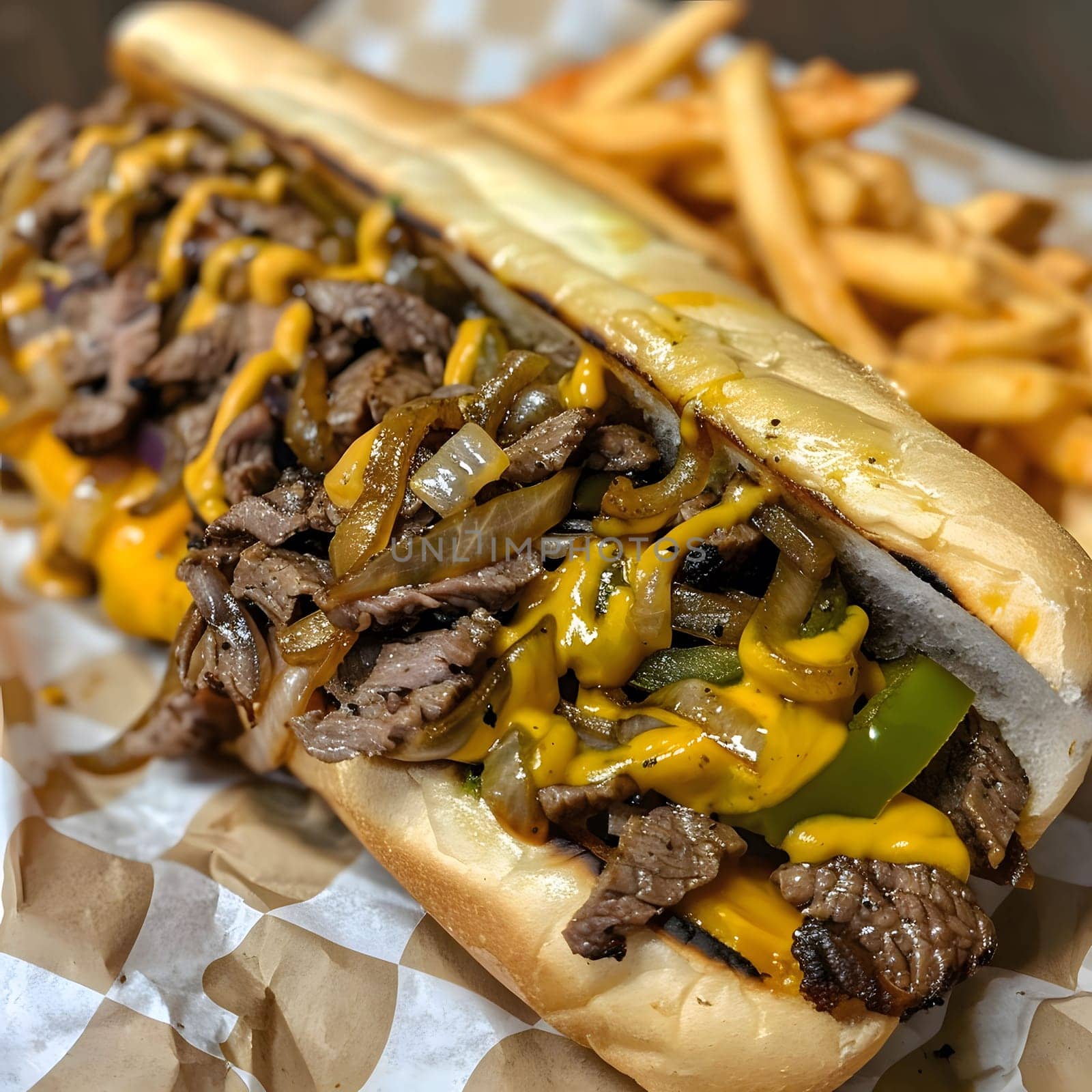 A close up shot of a Philly cheesesteak sandwich, with melted cheese, grilled onions and peppers, and mustard on a toasted hoagie roll