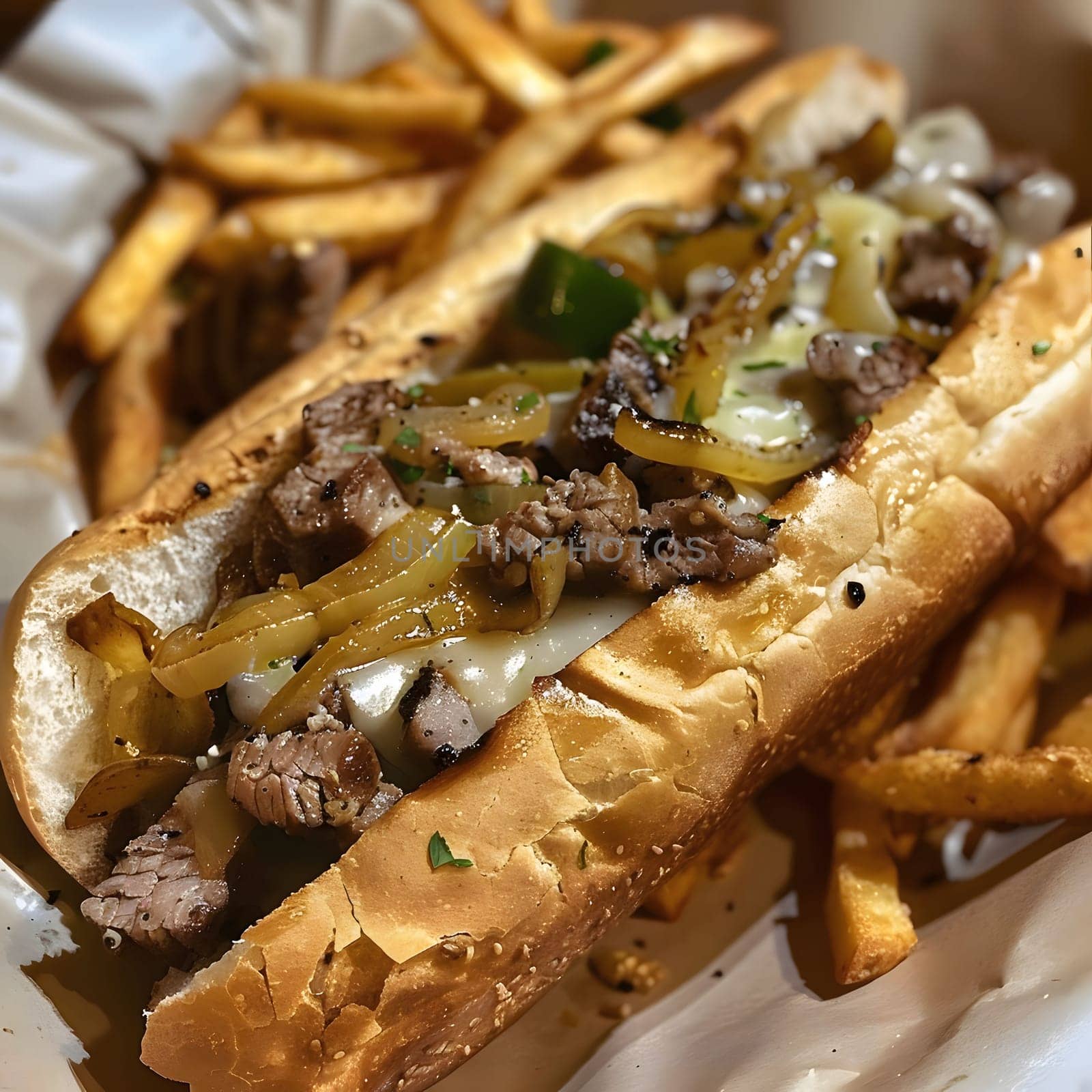 A close up of a Philly Cheesesteak Sub with french fries. The sub is filled with steak, cheese, onions, and peppers.