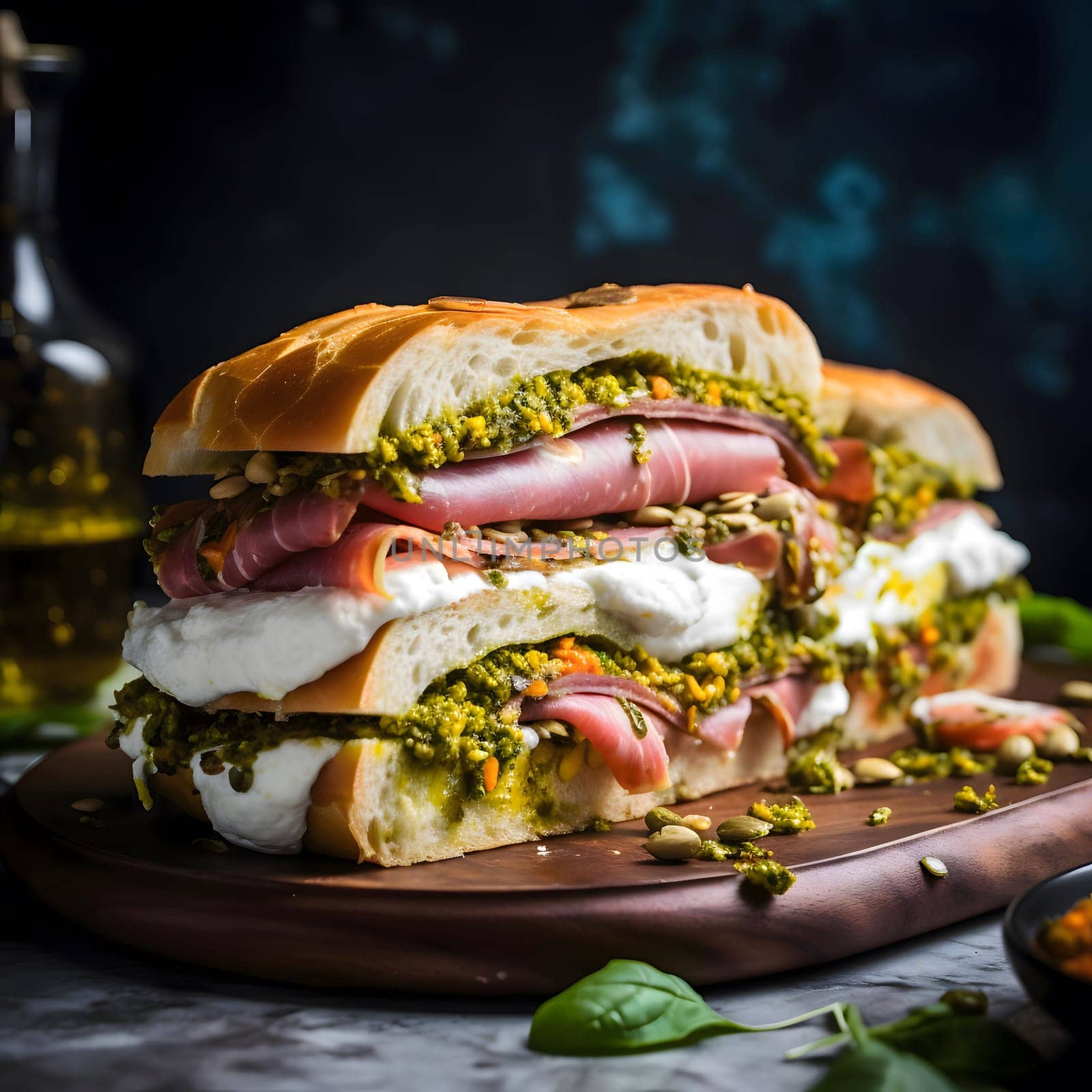 A close-up of a delicious Italian-style sandwich, showcasing layers of fresh pesto, ham, and cheese, perfectly arranged on a wooden plate. The vibrant green of the pesto and the rich brown of the bread create a visually appealing contrast.