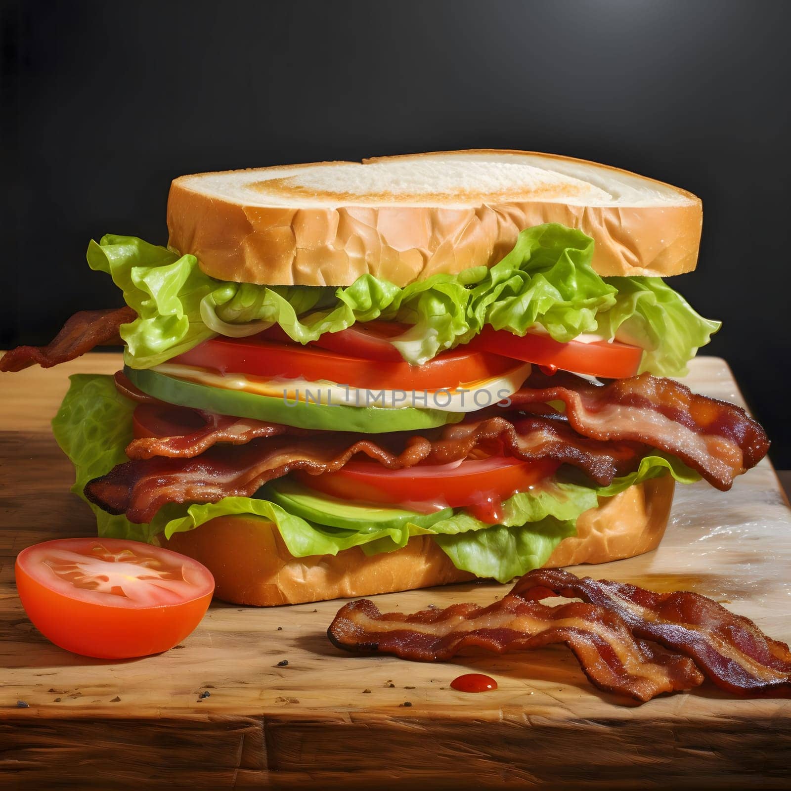 Close up shot of a delicious bacon, lettuce, and tomato sandwich on a wooden surface.