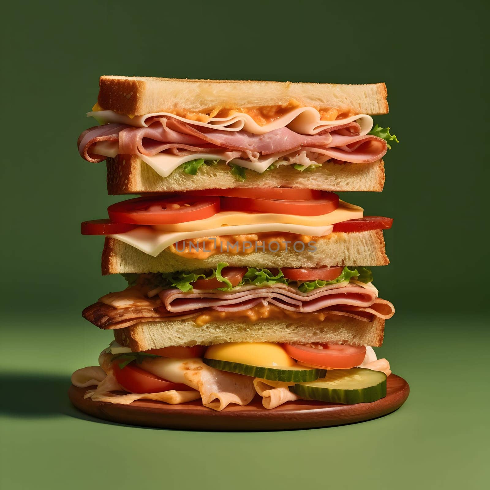 A close-up shot of a multi-layered sandwich on a wooden plate, featuring various ingredients like meat, cheese, tomato, lettuce, cucumber, and yellow dressing.
