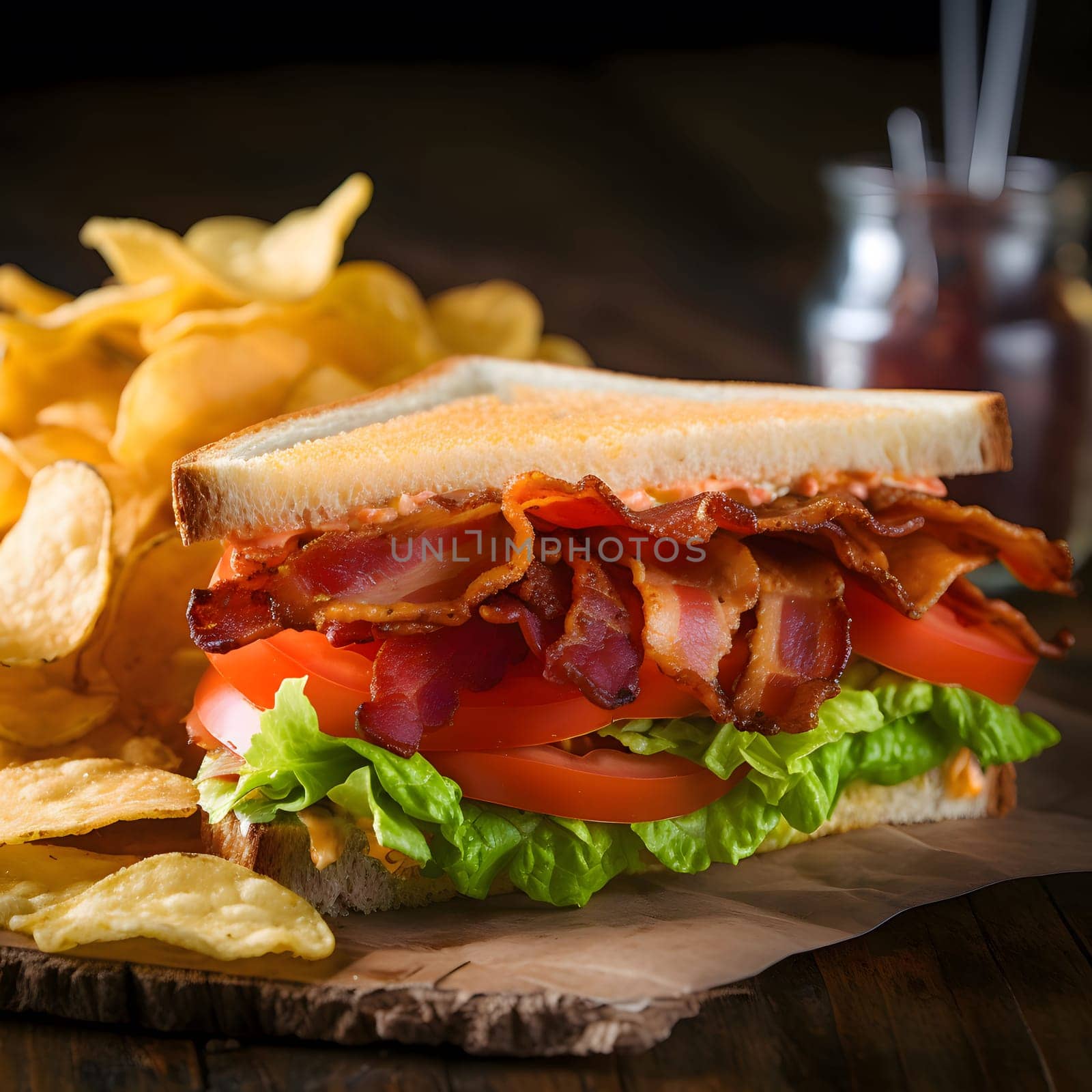 A close-up of a delicious bacon, lettuce, and tomato (BLT) sandwich with crispy potato chips on a brown paper.