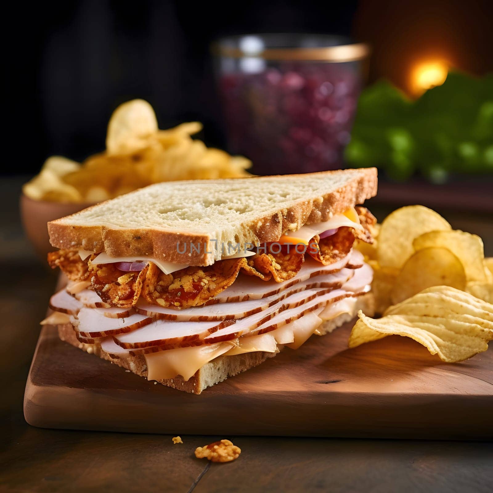 A mouthwatering turkey sandwich with crispy toppings, layered on toasted bread and garnished with potato chips.