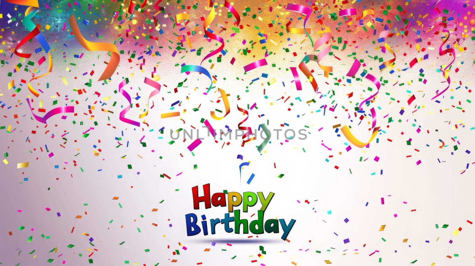 Confetti and colorful streamers fall against a vibrant background, celebrating a joyful birthday occasion.