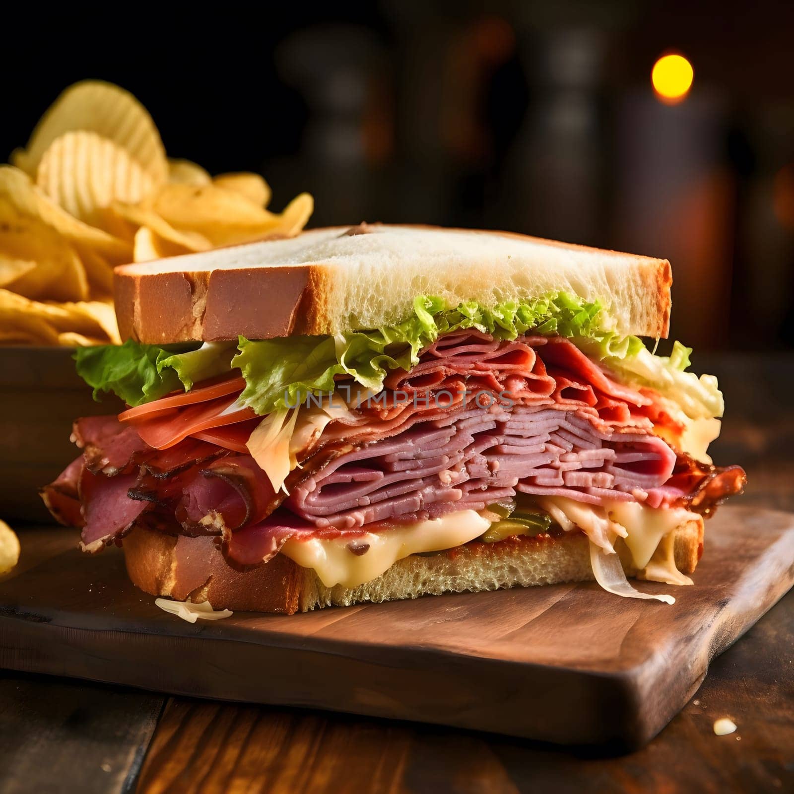 A close up shot of a freshly made, meaty sandwich, on a wooden cutting board. It appears to be a deli-style sandwich with several layers of meat, cheese, lettuce, and possibly tomato and onion.