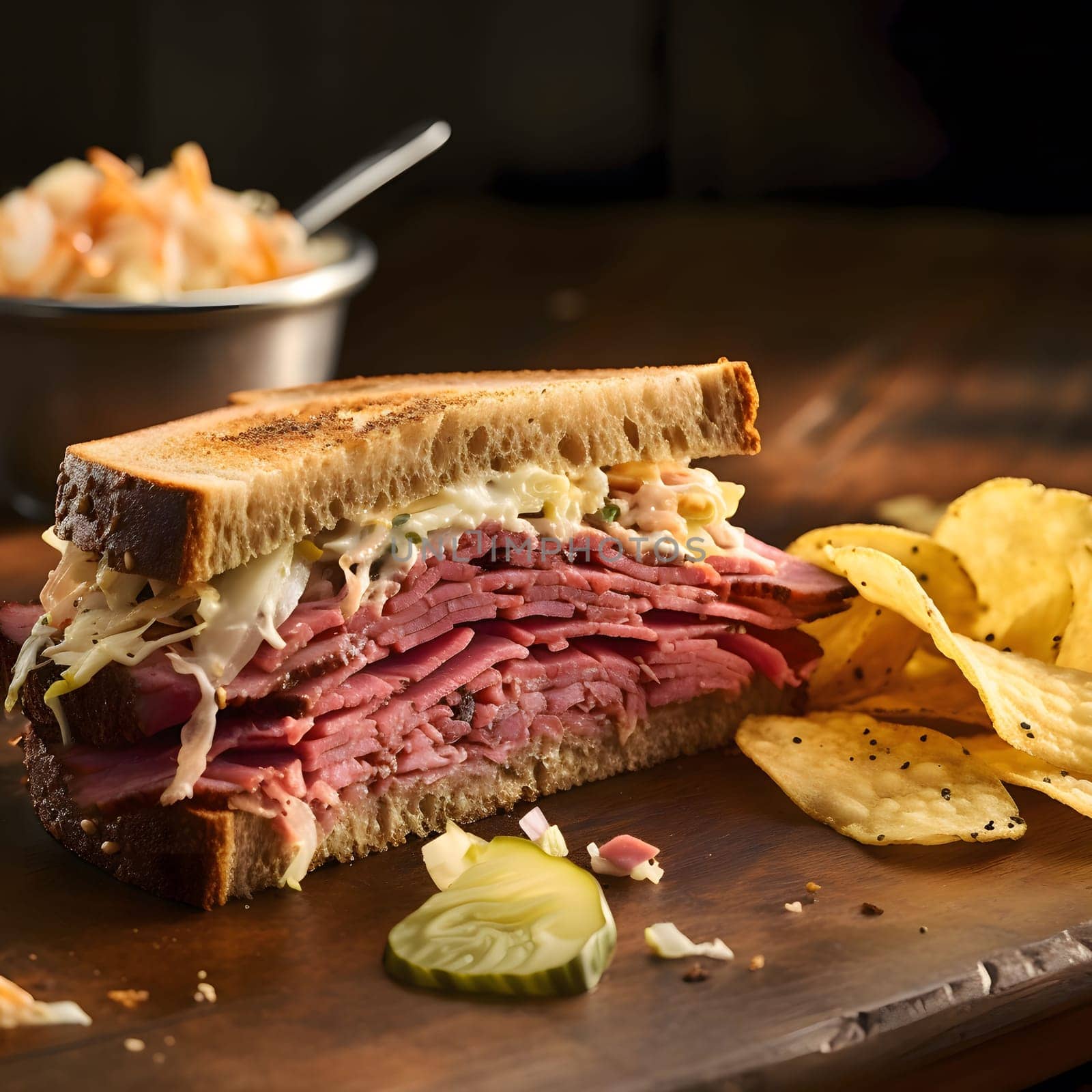 A delicious pastrami sandwich with a pile of potato chips on the side. The sandwich is on a wooden table.