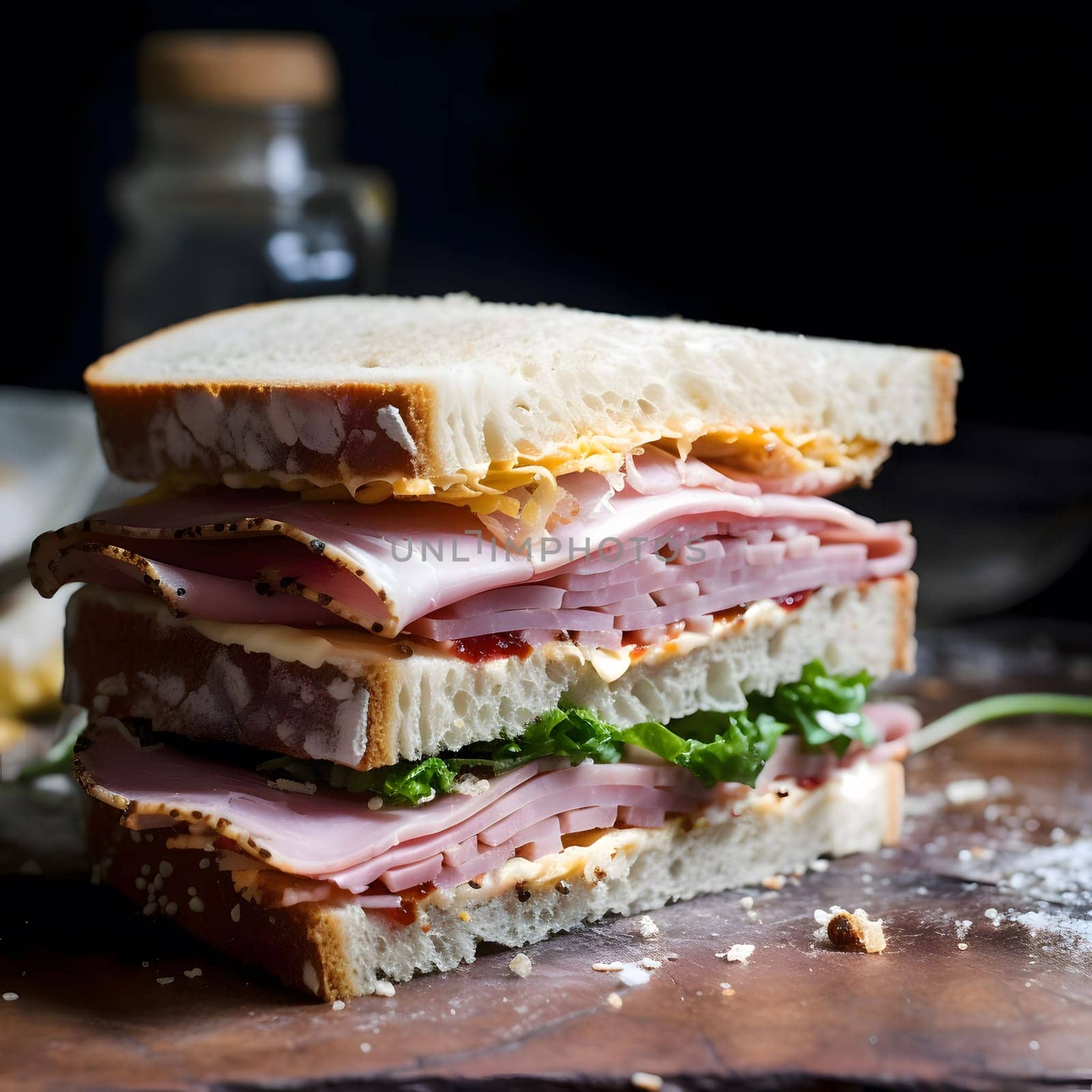 A close up of a delicious ham and cheese sandwich on a wooden table, with a soft focus background