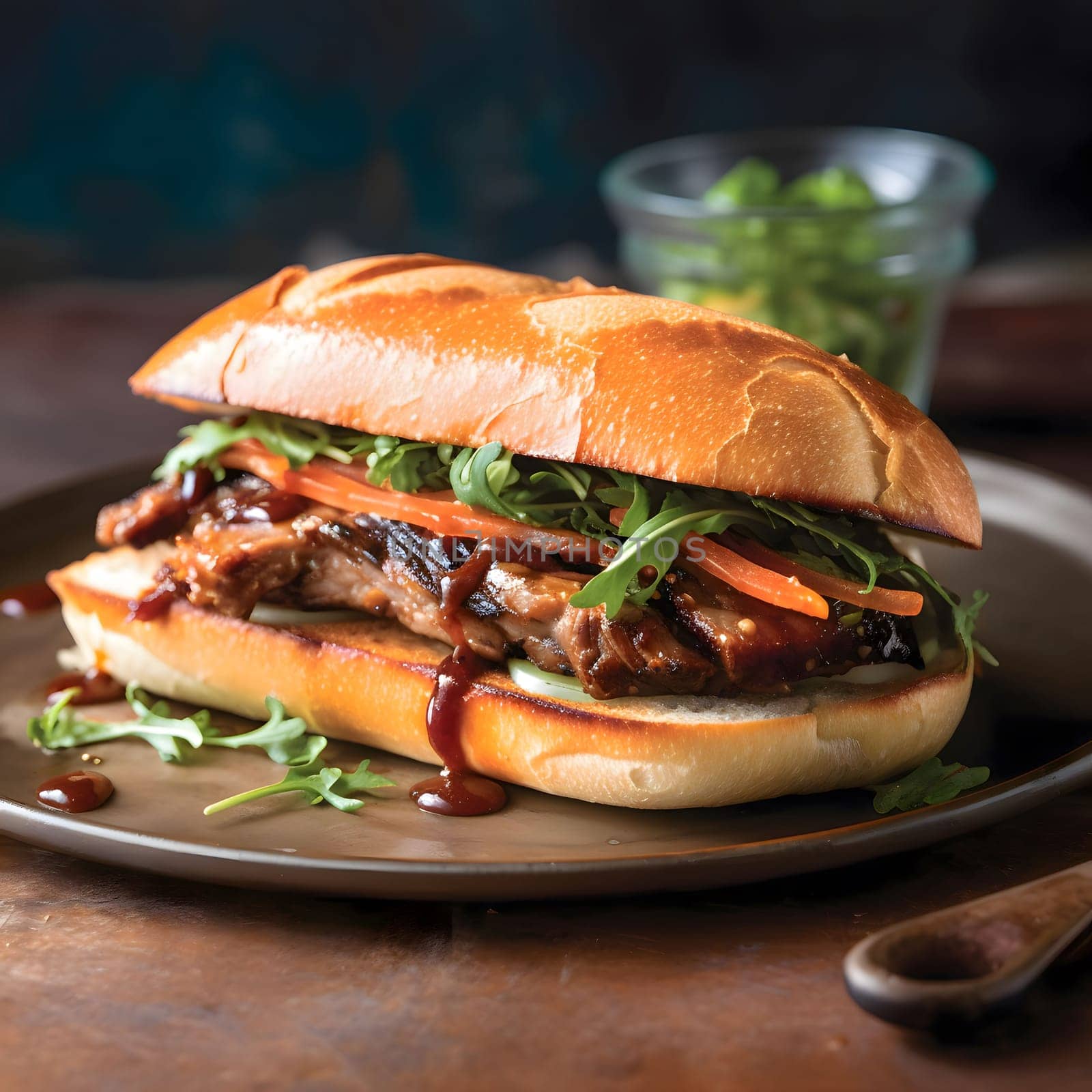 Close up of a delicious pulled pork sandwich on a plate with a side of arugula salad.