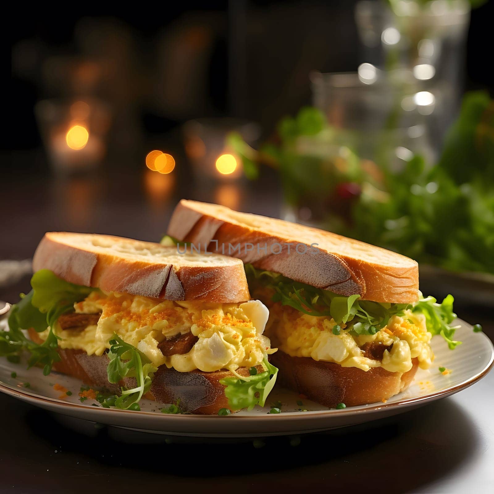 Two mouthwatering egg salad sandwiches on a white plate, ready to be enjoyed. The sandwiches are made with fresh ingredients and look incredibly appetizing.