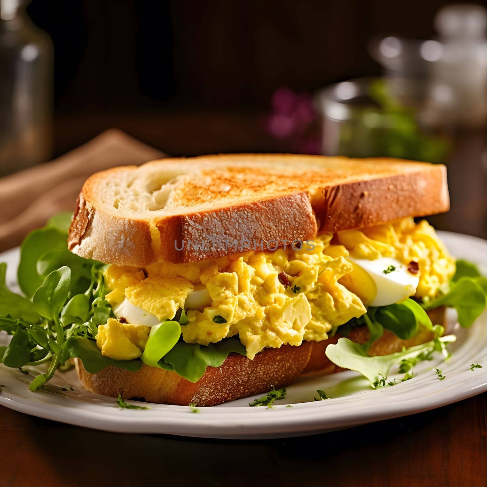 Close up of a freshly made egg salad sandwich on a white plate with green lettuce.