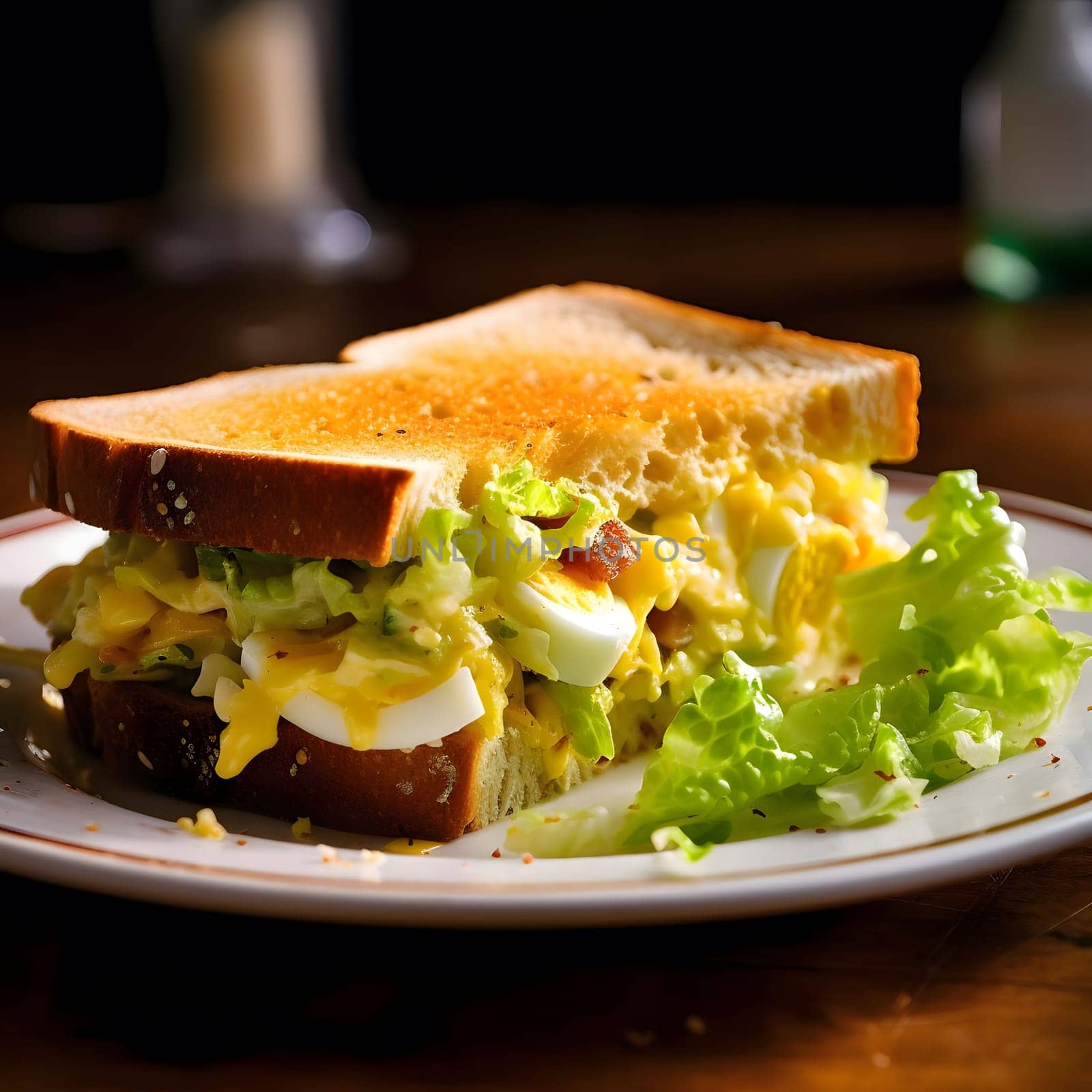A close-up of an egg salad sandwich on a white plate with lettuce on the side.