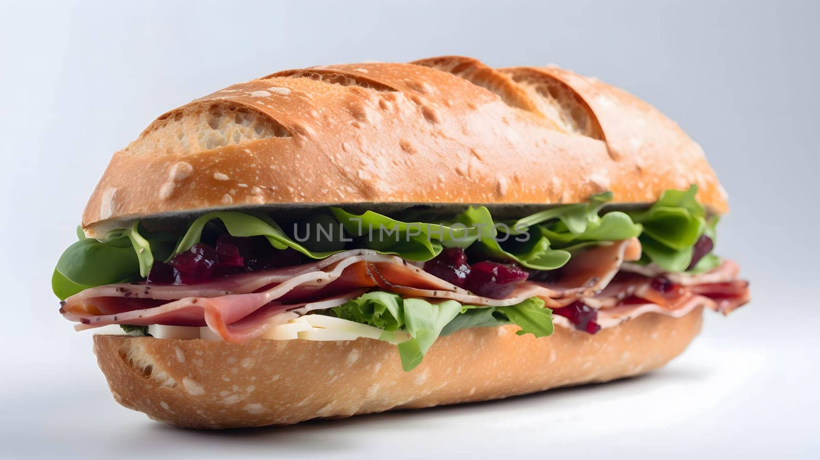A close-up of a delicious sandwich with ham, cranberry sauce, and arugula on a fresh baguette.