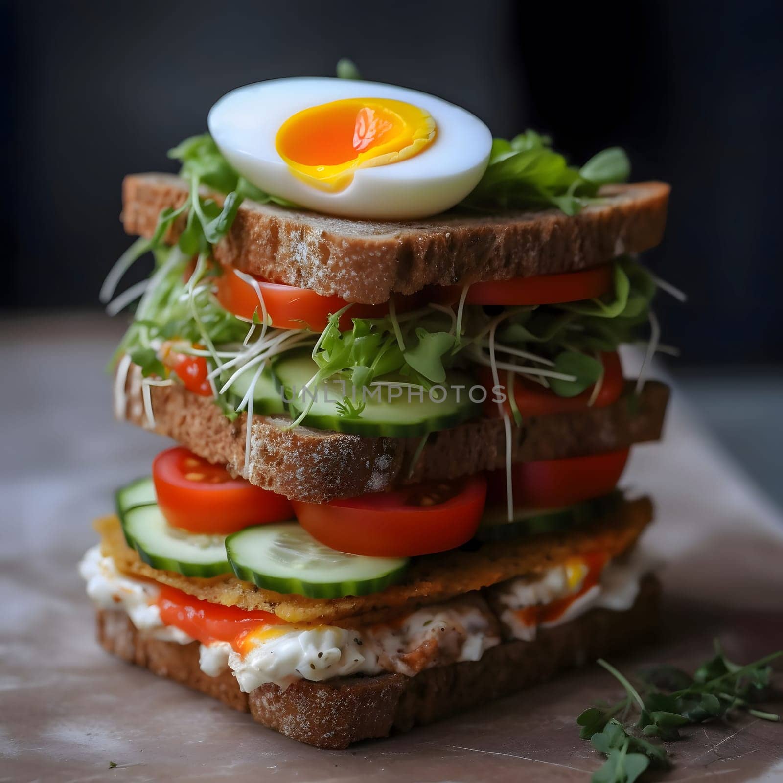 A close-up shot of a delicious and healthy sandwich with fresh vegetables, egg, and sprouts on a rustic table.