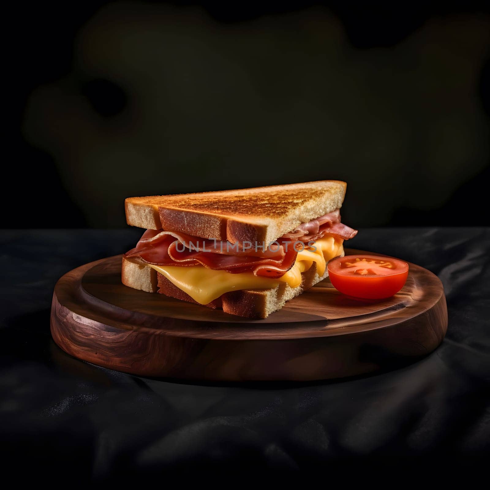 A toasted grilled cheese sandwich with ham, melted cheese, and a slice of tomato on a wooden cutting board.