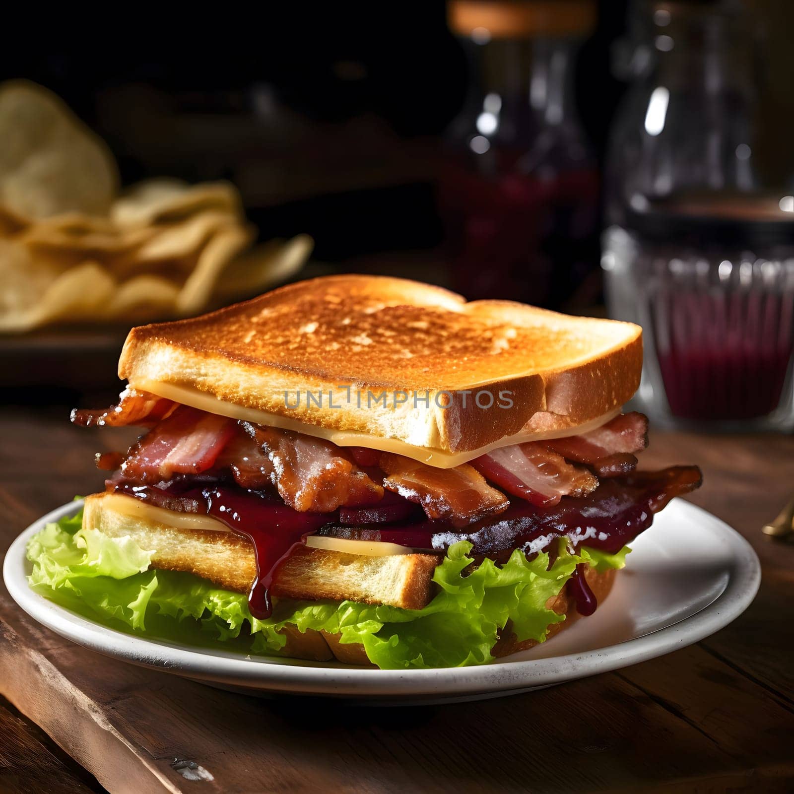 A close up shot of a delicious bacon sandwich with a cherry sauce, a perfect meal or snack.