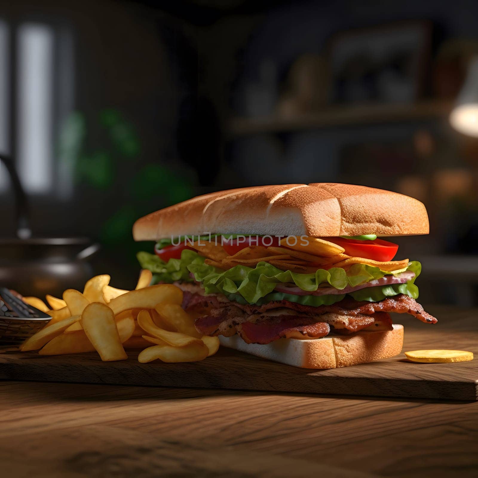 A mouthwatering sub sandwich overflowing with fresh ingredients, including bacon, lettuce, tomato, cheese, and crispy chips. It sits on a wooden table with a side of french fries.