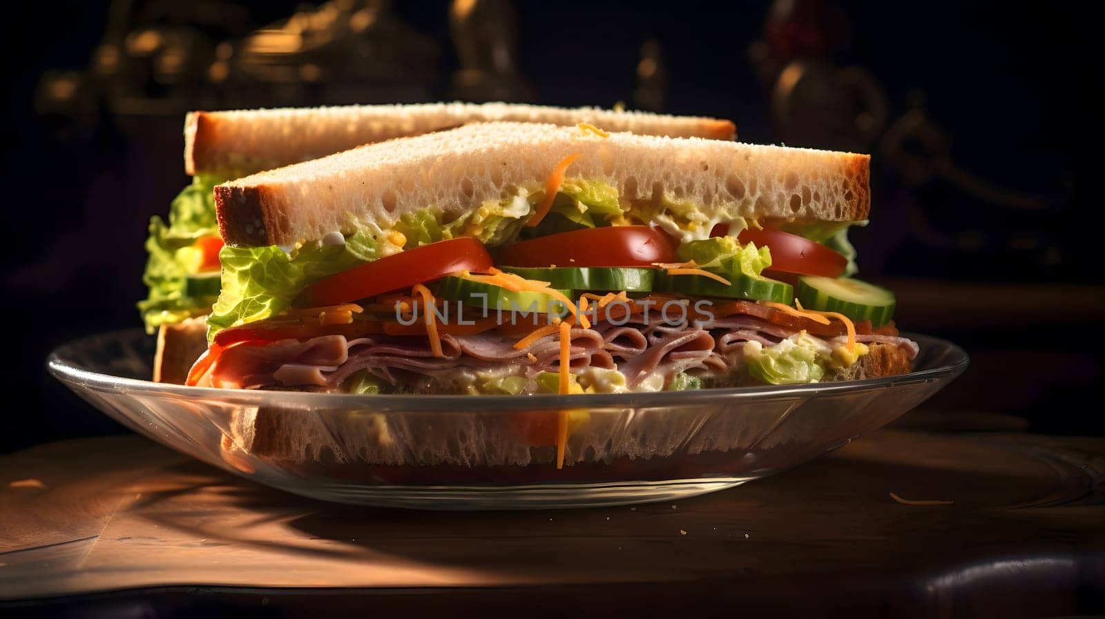A close-up of a delicious ham and veggie sandwich on a plate.
