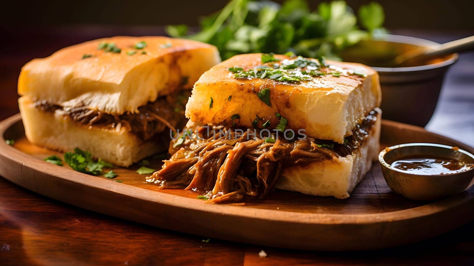 A close-up of a delicious pulled pork sandwich on a wooden plate. The sandwich is topped with parsley, and there is a small bowl of sauce on the side.