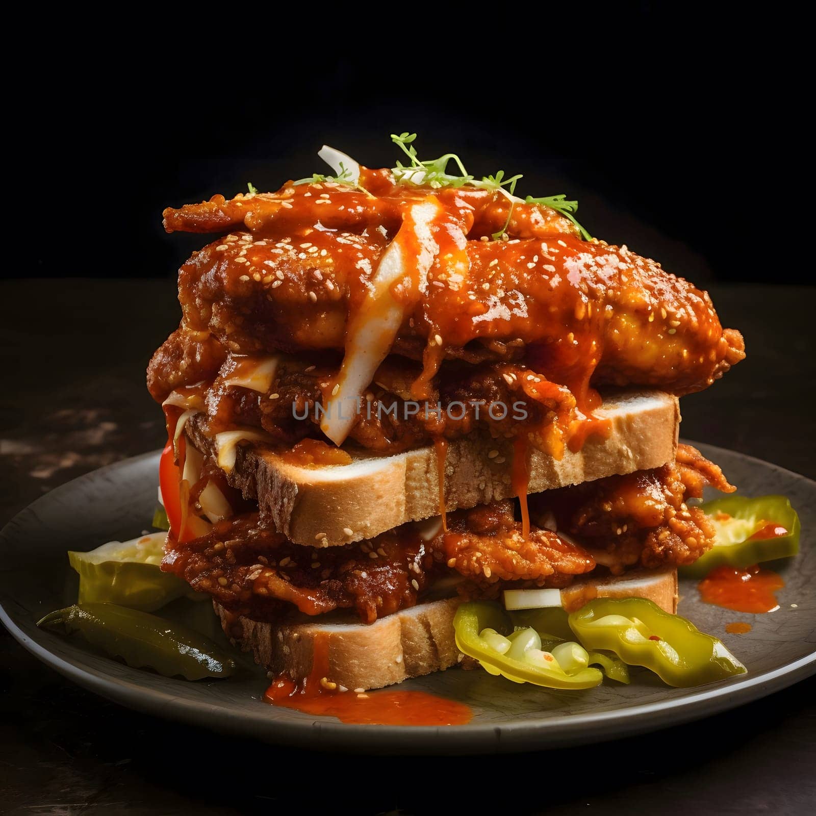 A delicious Korean Fried Chicken sandwich with a spicy sauce, garnished with green peppers and onions.